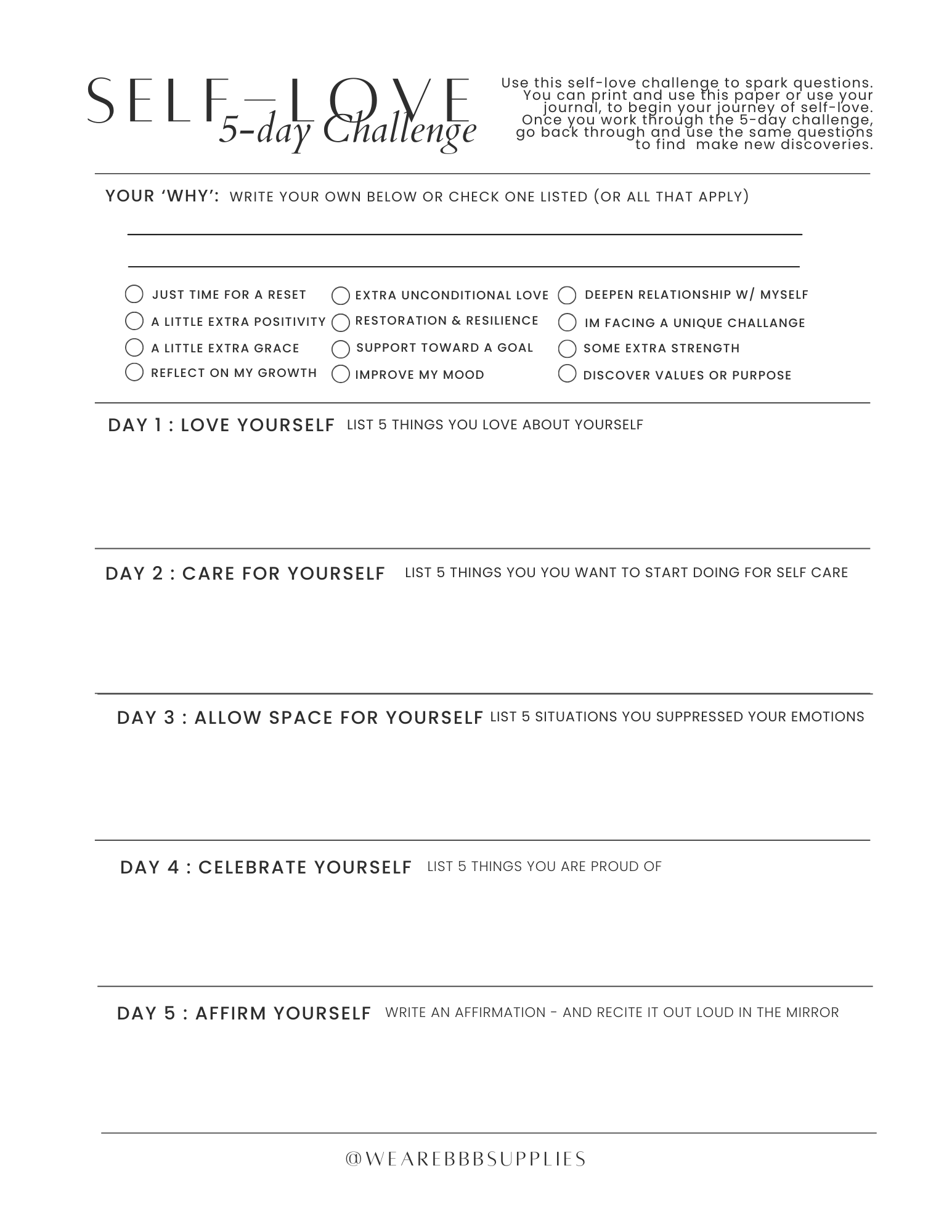 Self-love Five Day Challenge Journaling Prompts
