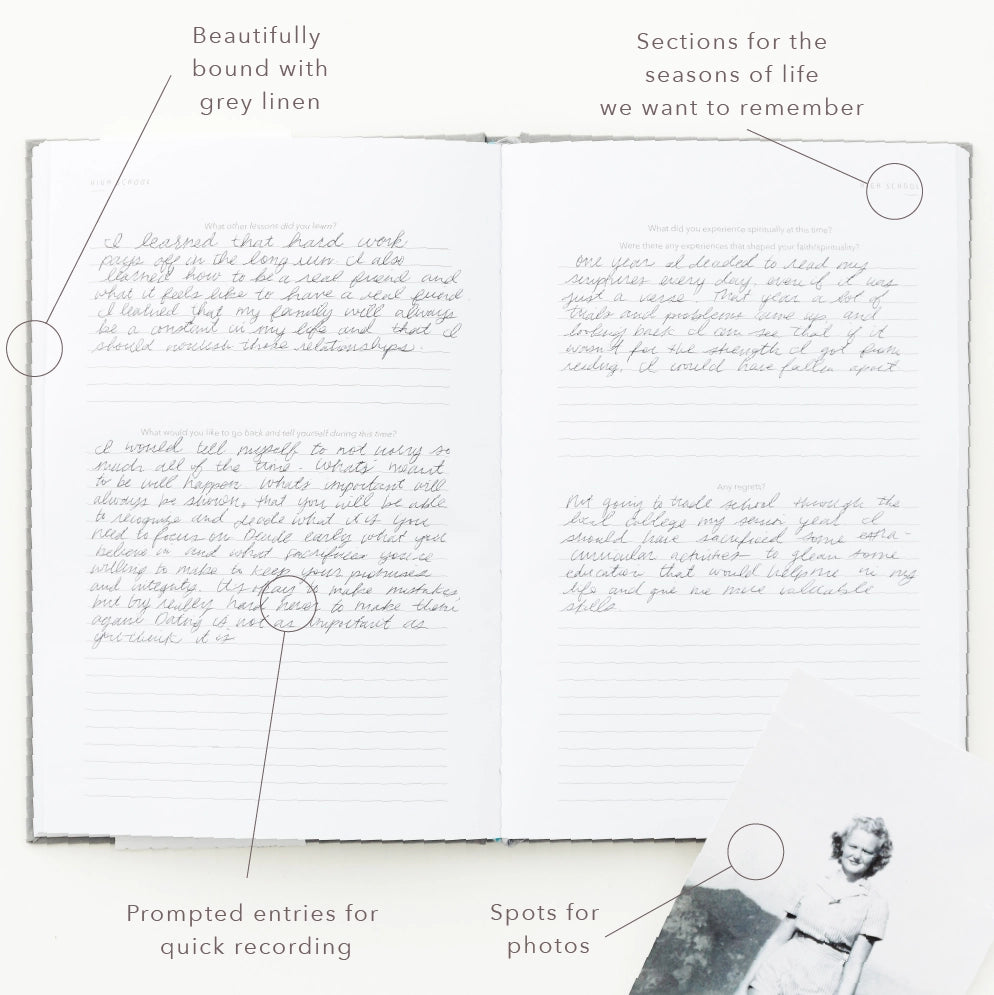 This grey Ccolor autobiography journal has prompts to help you write your story. This journal is from promptly and sold at BBB Supplies Craft Shop.