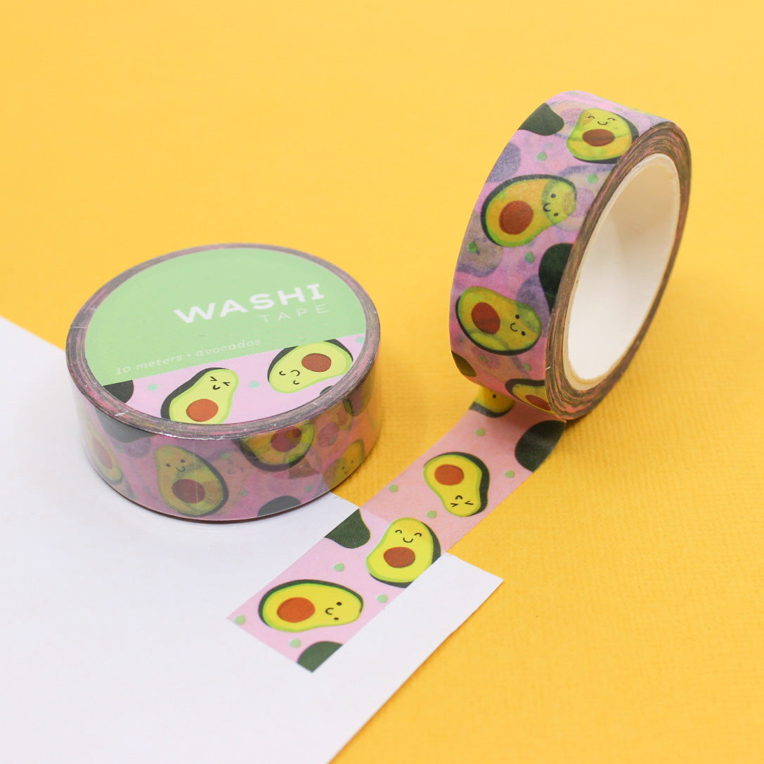 Avocado Washi Tape with cute smiling avocado characters on a pink background, perfect for planners, journals, and crafts.