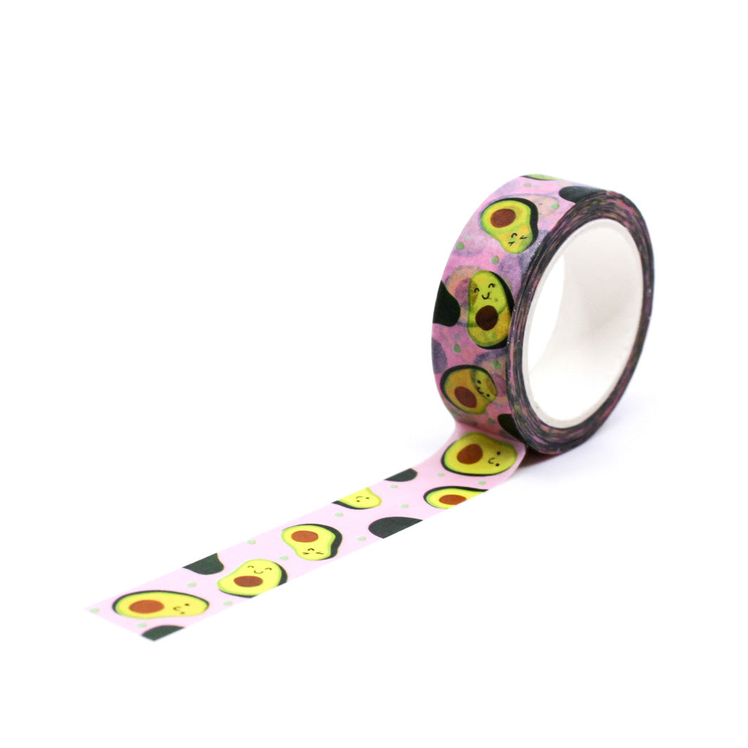 Avocado Washi Tape with cute smiling avocado characters on a pink background, perfect for planners, journals, and crafts.