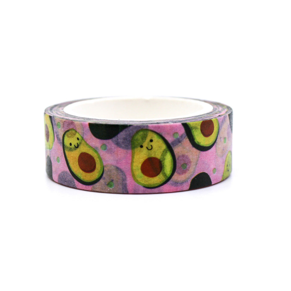 Avocado Washi Tape with cute smiling avocado characters on a pink background, perfect for planners, journals, and crafts.