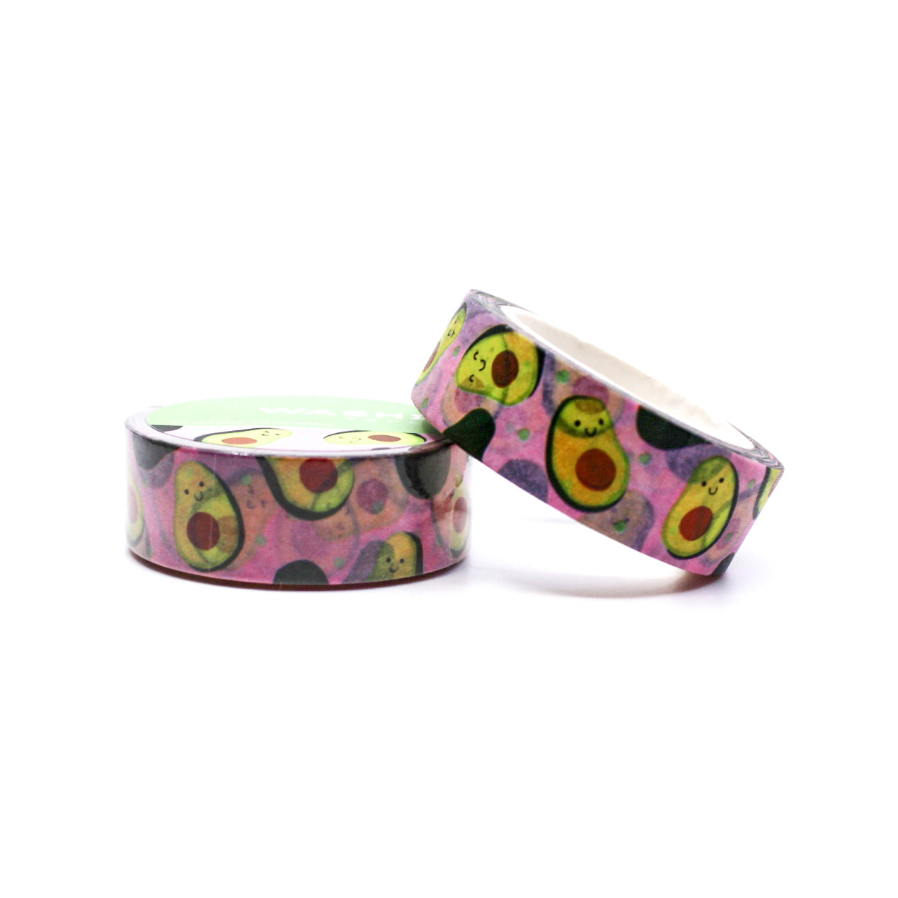 Avocado Washi Tape with cute smiling avocado characters on a pink background, perfect for planners, journals, and crafts.