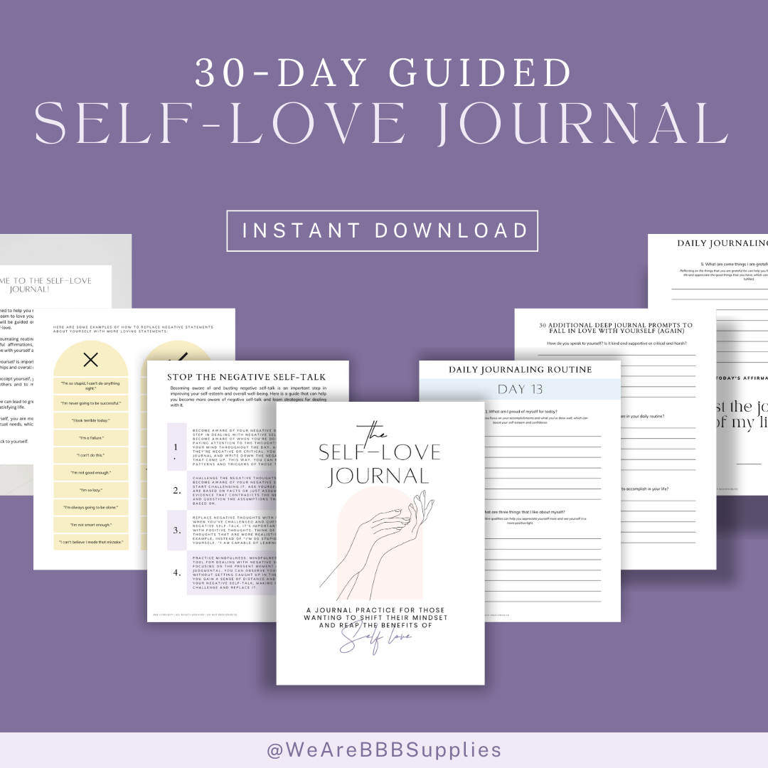 This printable journaling guide offers a 30-day journey to self-love through thoughtful prompts and exercises designed to encourage reflection and positivity. Perfect for anyone looking to cultivate a deeper sense of self-compassion and appreciation. Printable is from BBB Supplies Craft Shop.