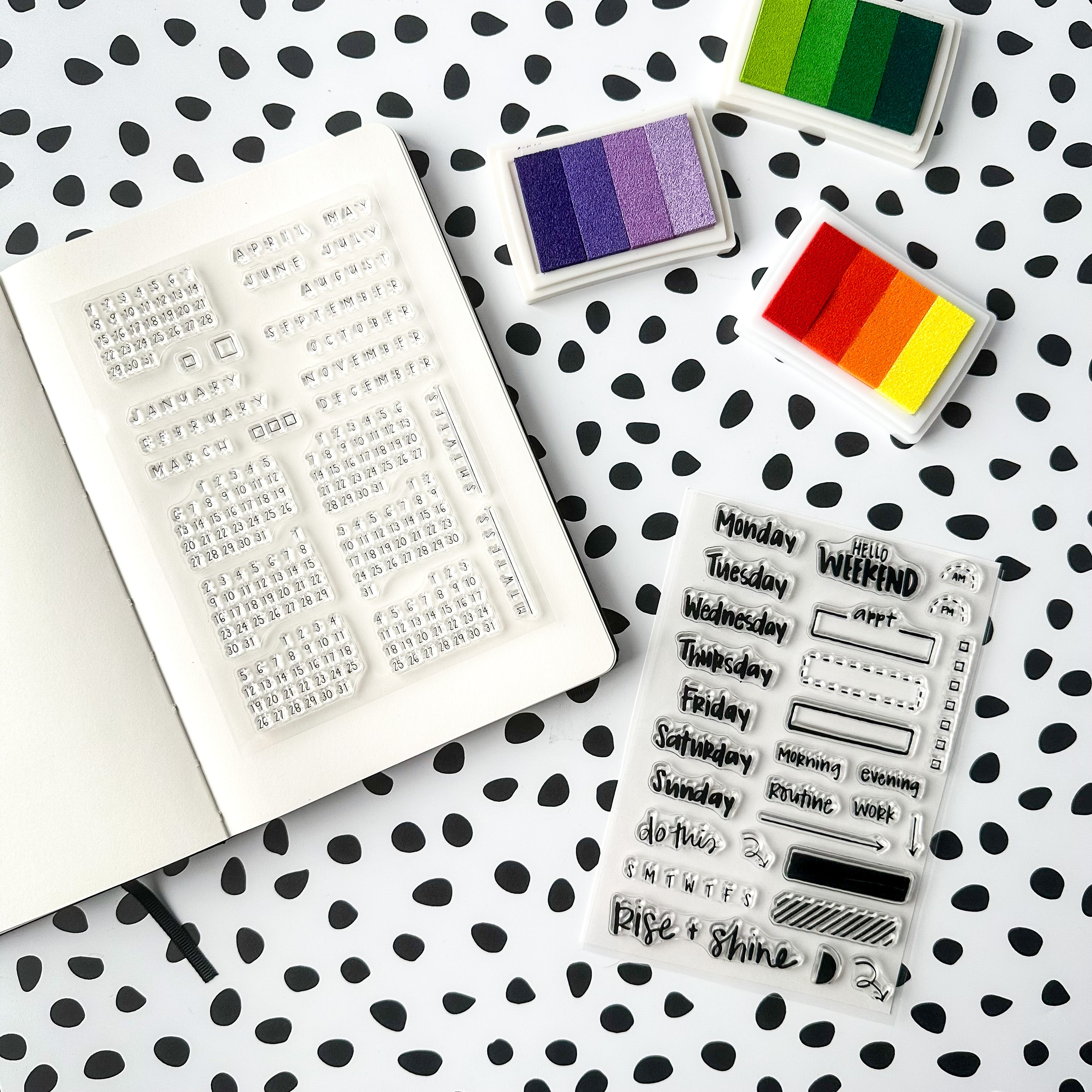 Add a playful touch to your planner with these fun calendar stamps. Perfect for marking important dates, appointments, or events, these stamps feature a variety of cute designs that will liven up your pages. Whether you're a planner enthusiast or just looking to stay organized, these stamps are a fun and functional addition to your collection. These stamps are sold at BBB Supplies Craft Shop.