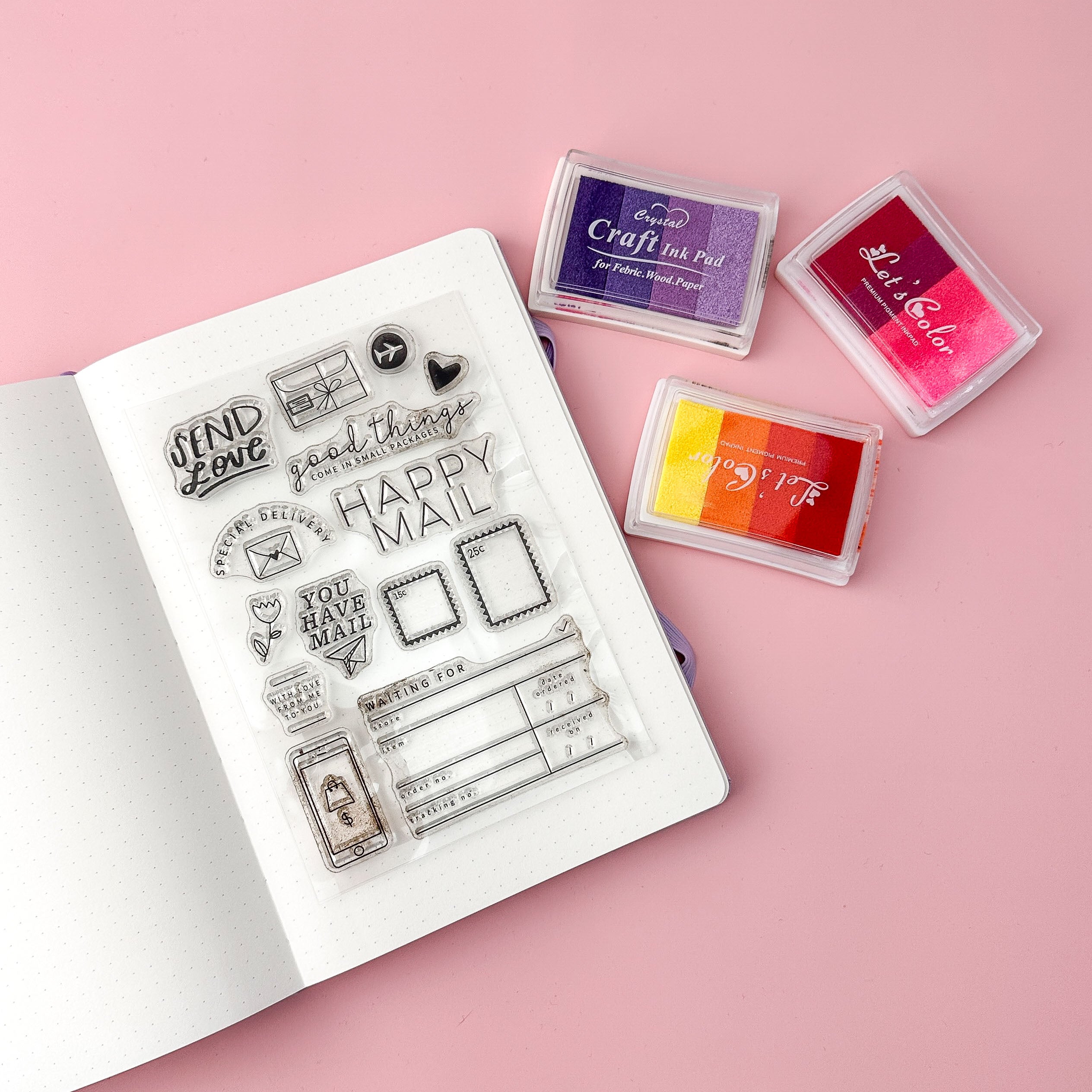 Snail Mail Acrylic stamp set featuring multiple "Send Love" and "Happy Mail" themed designs, including hearts, envelopes, postage stamps, and sweet snail mail phrases.