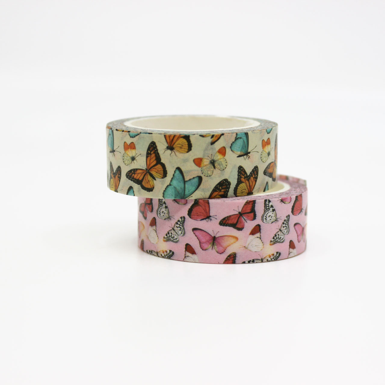 This bright and colorful washi tape features delicate pink butterflies, perfect for adding a whimsical and feminine touch to your crafts and journals. This tape is sold at BBB Supplies Craft Shop.