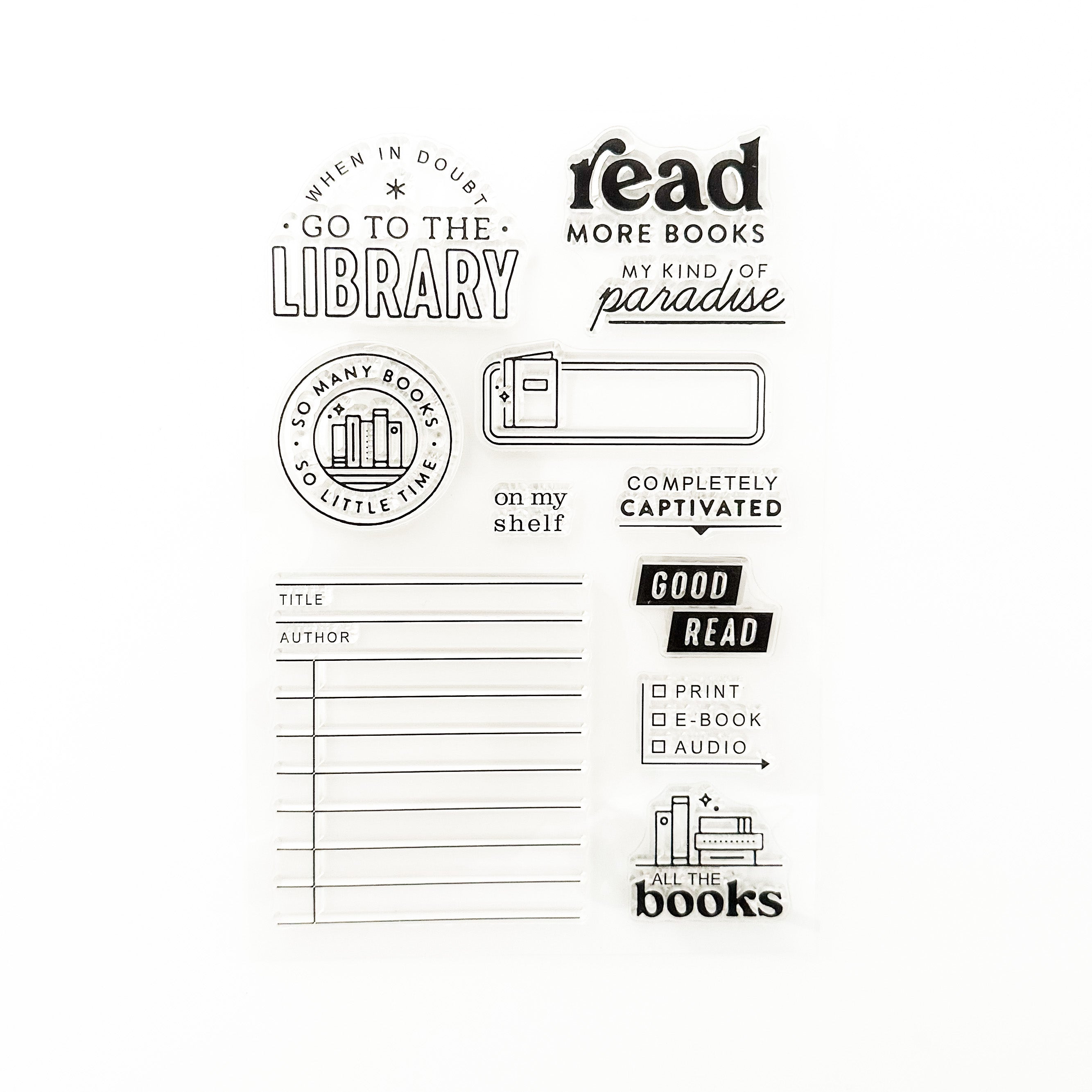Keep track of your reading habits in style with these charming stamps. Featuring book-themed designs, these stamps are perfect for tracking reading goals, book club meetings, or simply jotting down your favorite reads. Add a literary flair to your planner and make tracking your reading progress a delightful experience. These stamps are sold at BBB Supplies Craft Shop.
