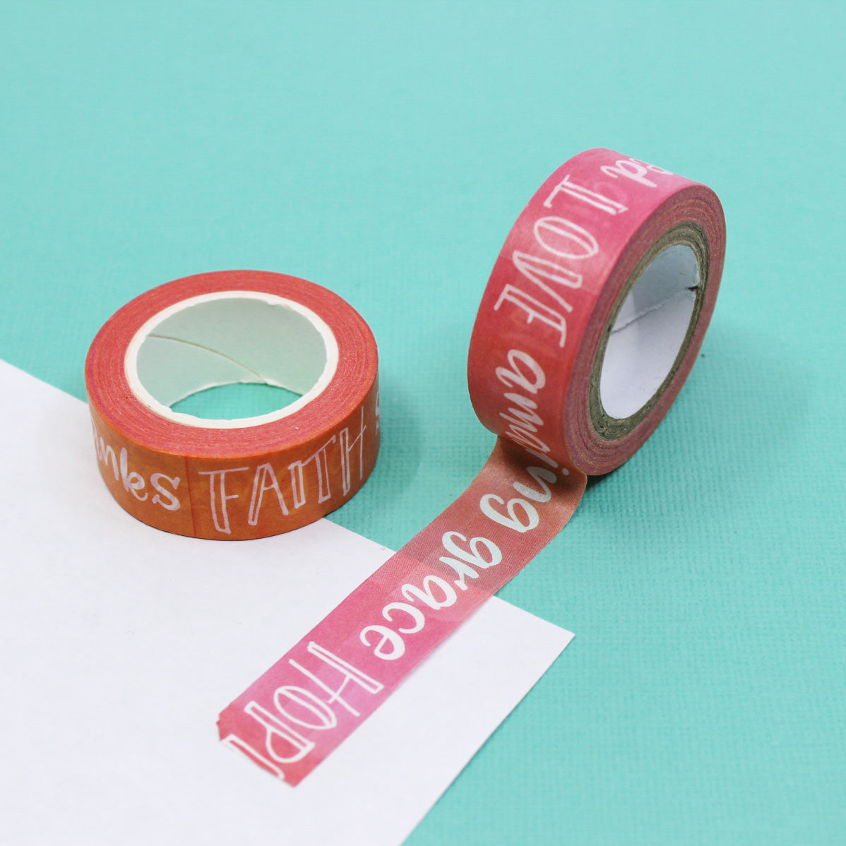 Elevate your Bible journaling with our faith phrases washi tape, featuring inspirational and uplifting messages, perfect for adding a touch of spirituality and devotion to your pages. This tape is sold at BBB Supplies Craft Shop.