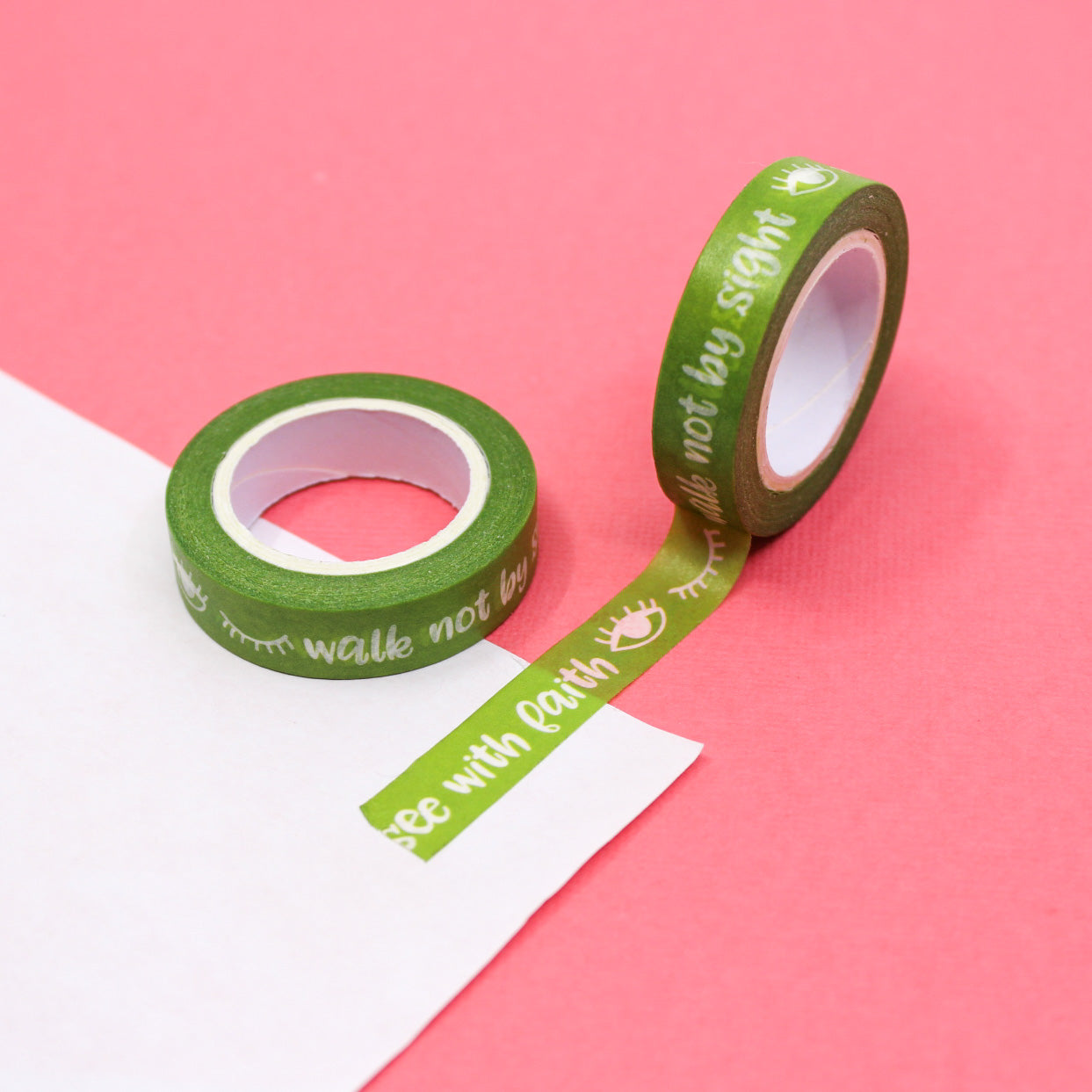 Infuse your creations with the powerful message of faith using our washi tape adorned with the phrase 'Walk by Faith, Not by Sight,' reminding you to trust in your spiritual journey. This tape is sold at BBB Supplies Craft Shop.