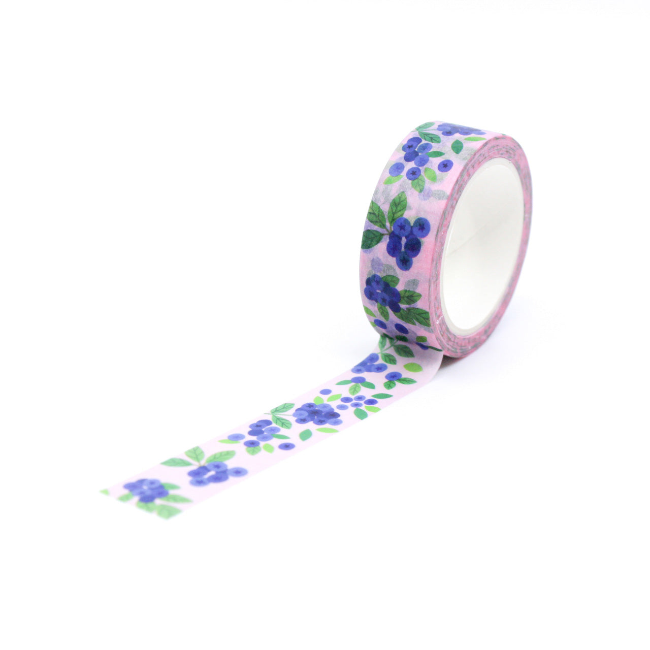 Close-up of Blueberries Washi Tape with a pink background, featuring dark blue berries on a soft pastel pink design, ideal for planners and crafts.