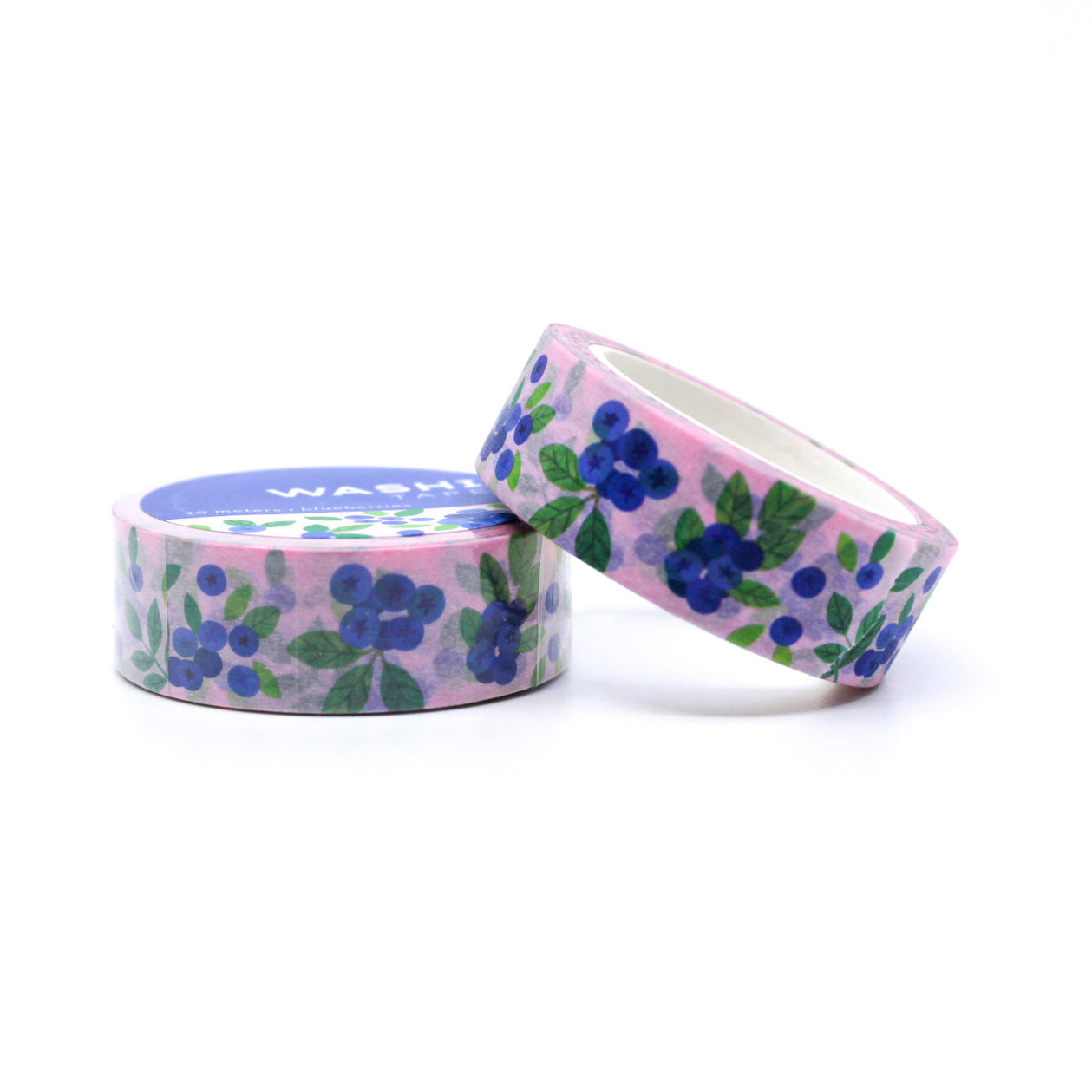 Close-up of Blueberries Washi Tape with a pink background, featuring dark blue berries on a soft pastel pink design, ideal for planners and crafts.