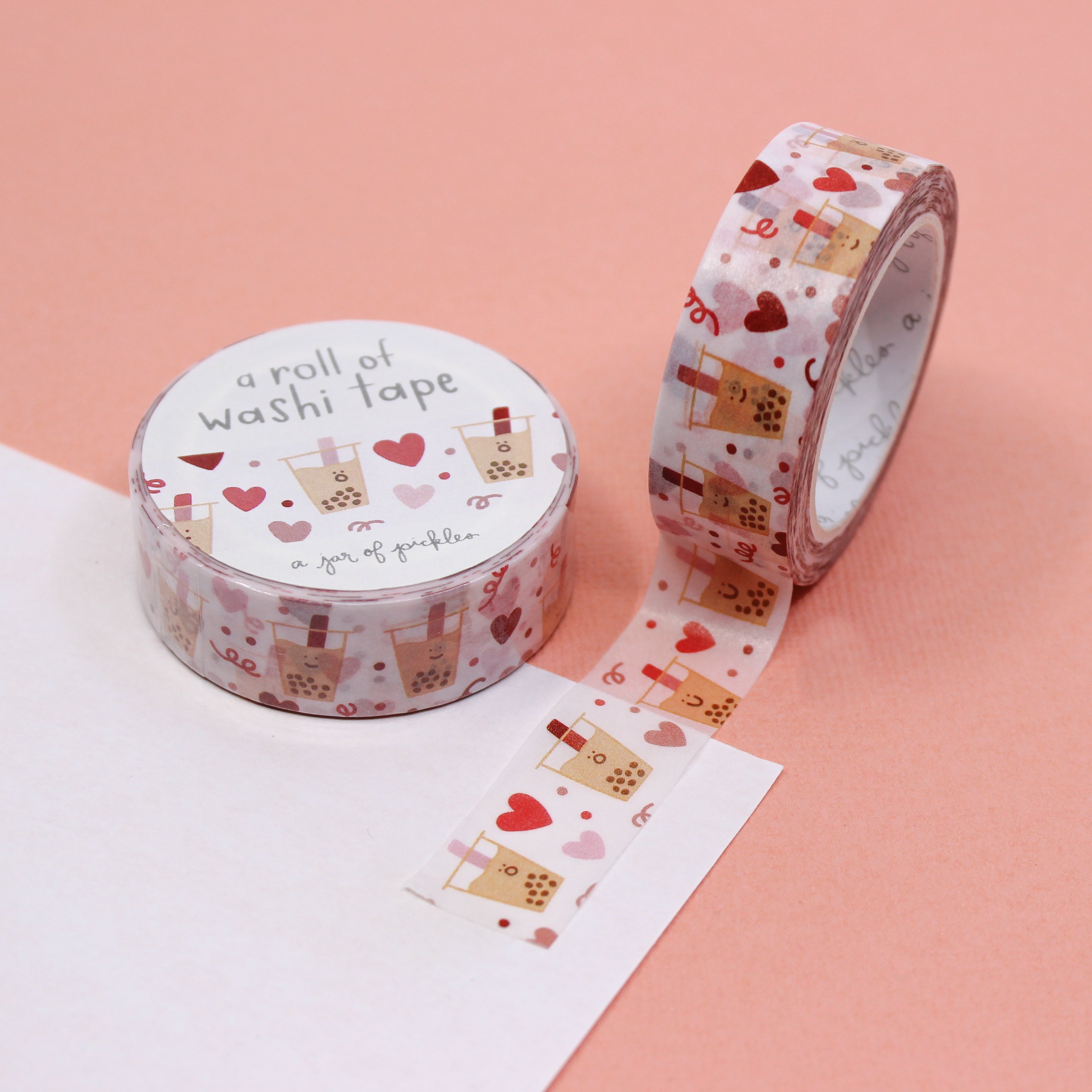 Boba Love Washi Tape captures the essence of a delightful dessert with its sweet and charming design. Featuring playful elements and vibrant colors, this tape is perfect for adding a touch of whimsy to your crafts and projects. This washi tape is from A Jar of Pickles and sold at BBB Supplies Craft Shop.