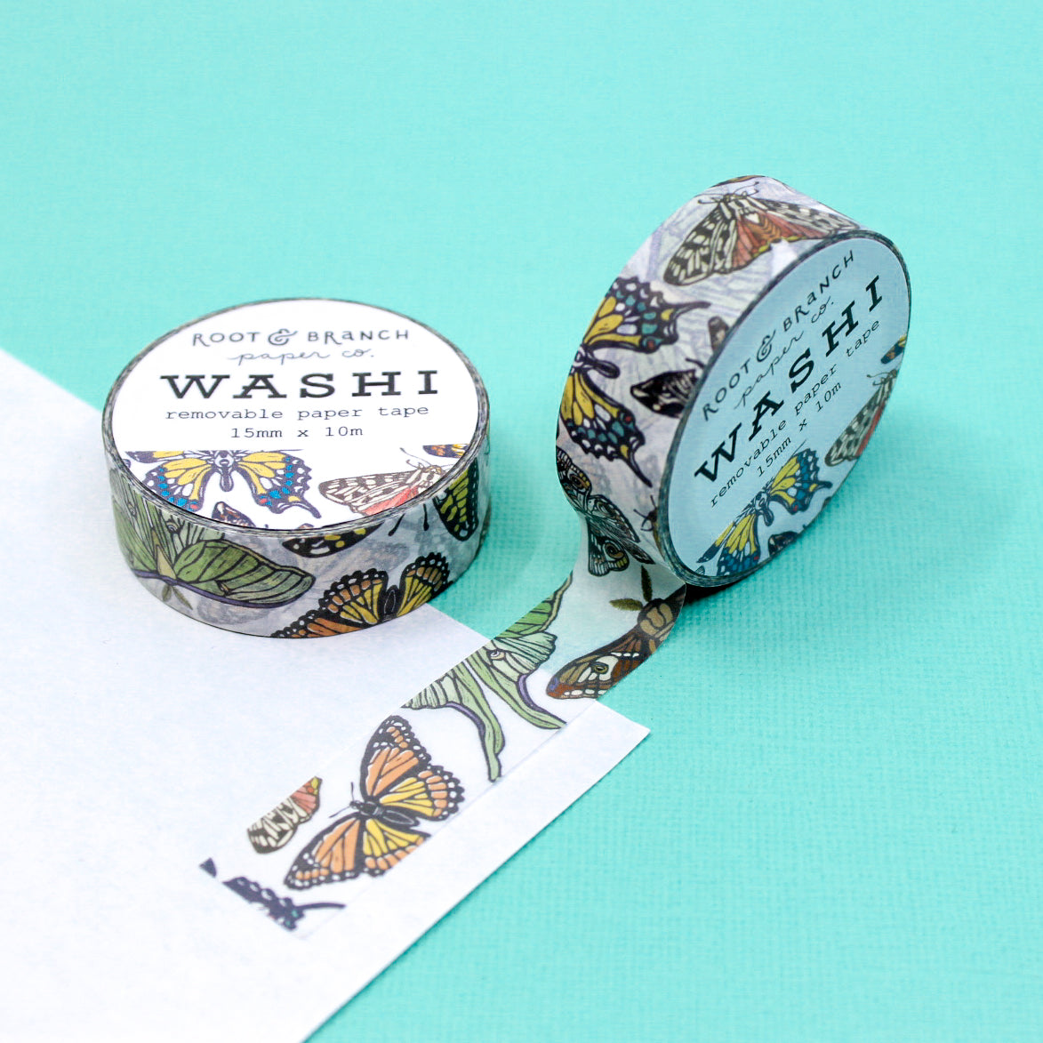 Elevate your creative projects with a 'Variety of Butterflies and Moths' Washi Tape featuring intricate winged creatures in rich, vivid colors. This tape is from Root & Branch Paper Co. and sold at BBB Supplies Craft Shop.