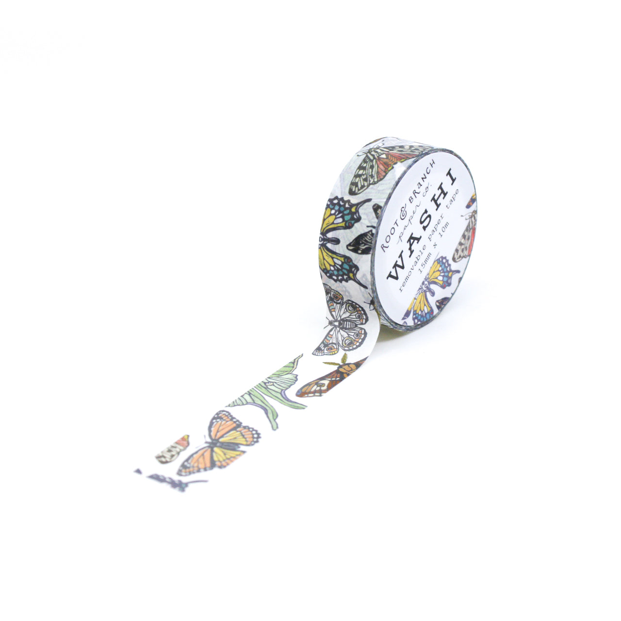 Elevate your creative projects with a 'Variety of Butterflies and Moths' Washi Tape featuring intricate winged creatures in rich, vivid colors. This tape is from Root & Branch Paper Co. and sold at BBB Supplies Craft Shop.