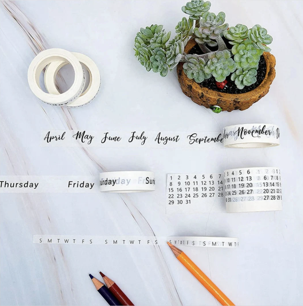 Calendar Spreads Washi Tape Set featuring 8 rolls in black and white, including designs for months, days, calendars, and habit trackers for stylish planning.