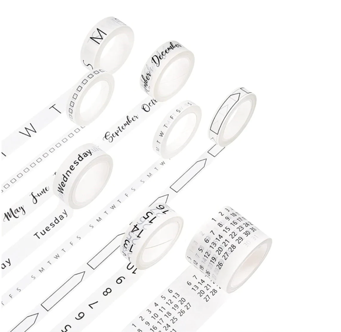 Calendar Spreads Washi Tape Set featuring 8 rolls in black and white, including designs for months, days, calendars, and habit trackers for stylish planning.