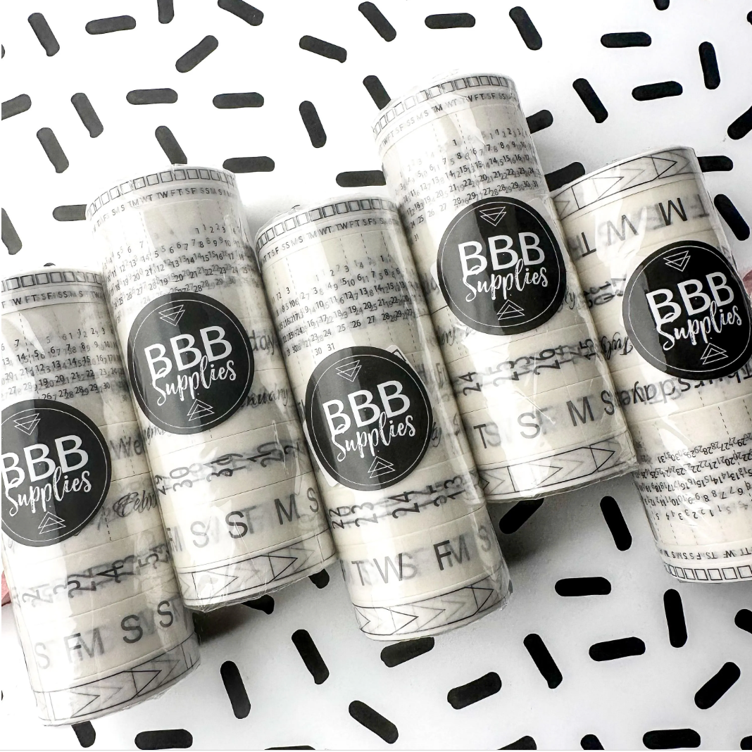 Calendar Spreads Washi Tape Set featuring 8 rolls in black and white, including designs for months, days, calendars, and habit trackers for stylish planning.