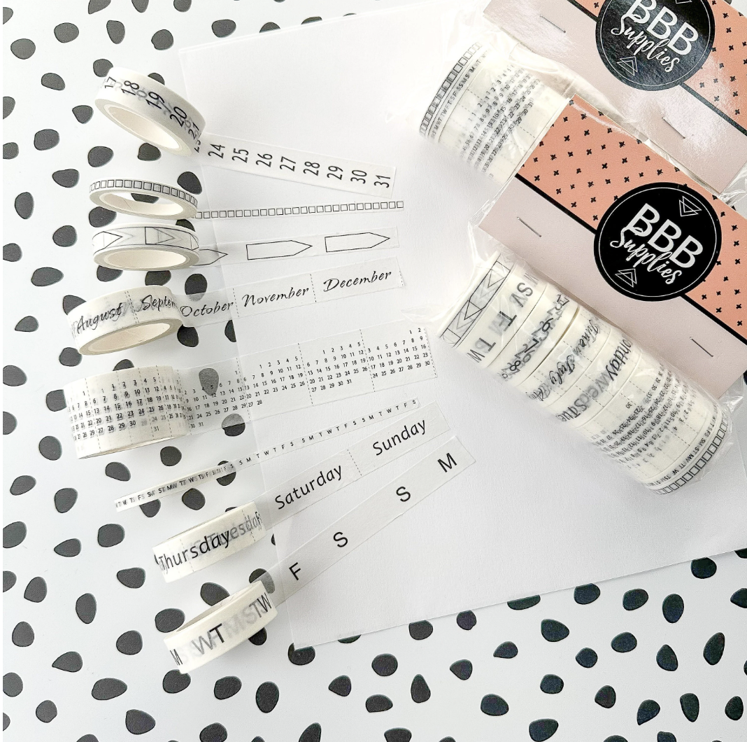 Calendar Spreads Washi Tape Set featuring 8 rolls in black and white, including designs for months, days, calendars, and habit trackers for stylish planning.