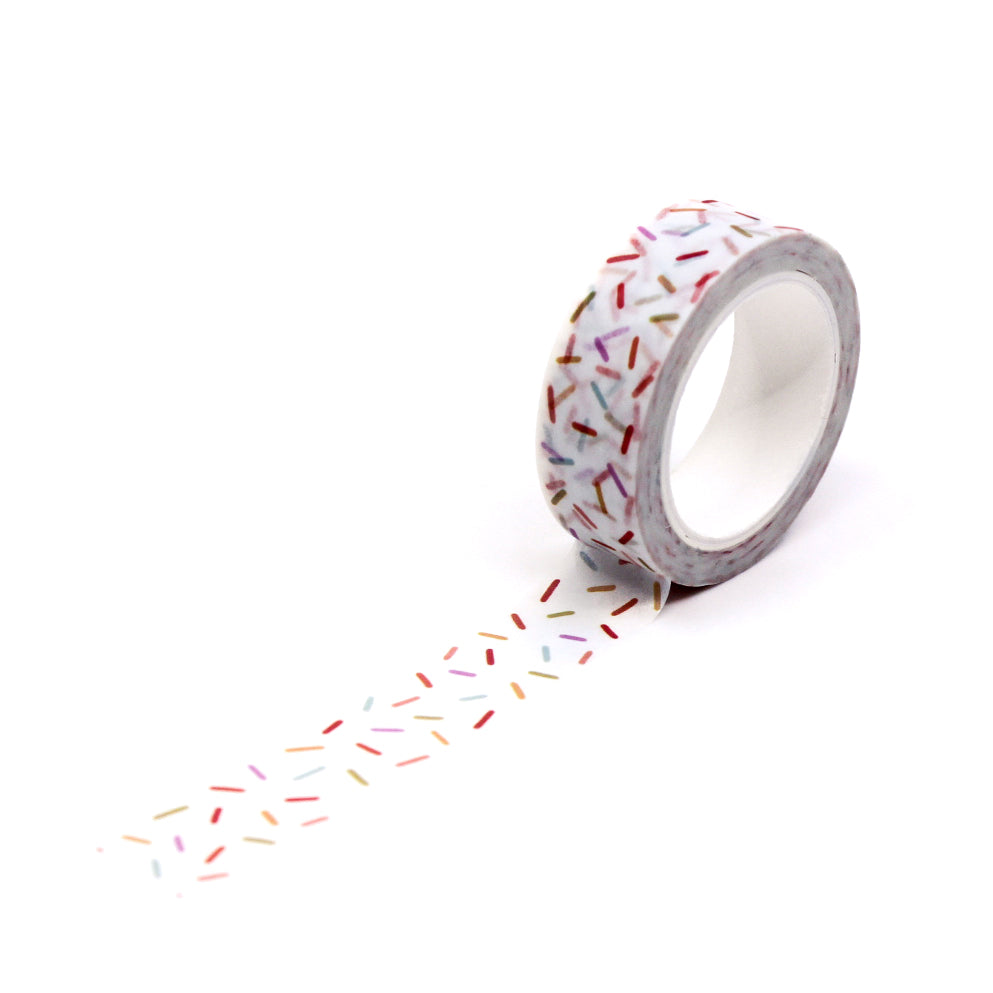 Colorful Sprinkles Washi Tape featuring a vibrant mix of playful sprinkles in various shapes and sizes, perfect for adding a fun and festive touch to your creative projects. This tape is from Elyse Breanne Designs and sold at BBB Supplies Craft Shop.