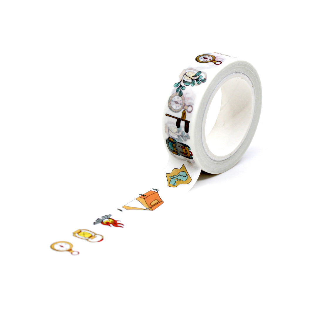 This washi tape features various camping supplies like tents, campfires, and backpacks, ideal for adding a rustic outdoor touch to your projects or journals. This tape is sold at BBB Supplies Craft Shop.