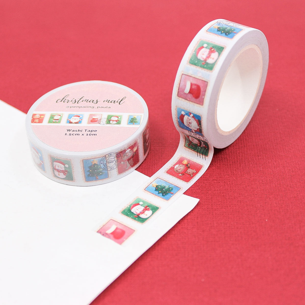 Christmas Mail Washi Tape with Santa, snowmen, and holiday stamp designs