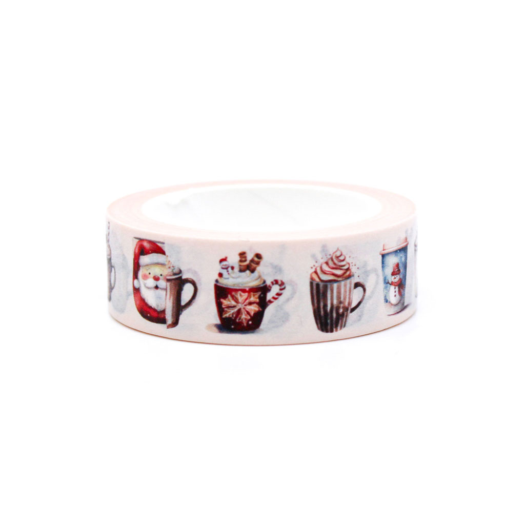 Cute holiday washi featuring coffee mugs with Santa and snowflakes