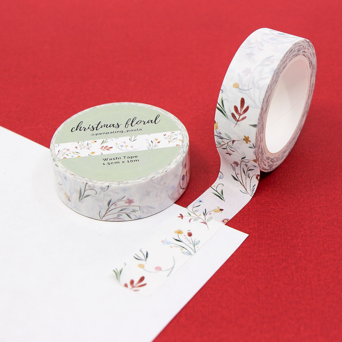 Christmas Floral Washi Tape featuring watercolor winter flowers and greenery on soft white background.