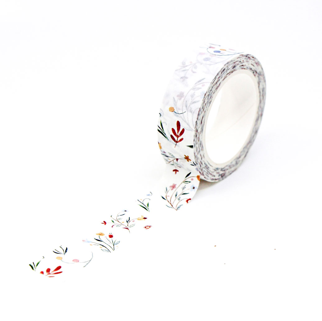 Holiday stationery tape with hand-drawn florals and leaves, ideal for Christmas scrapbooks and letters.