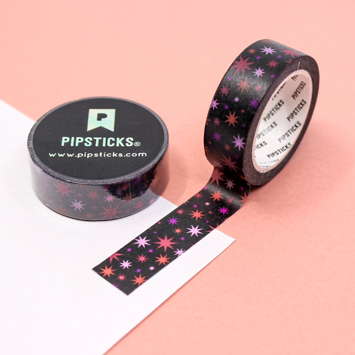 Add a touch of whimsy to your crafts with our playful colorful stars washi tape, featuring a captivating design of vibrant stars against a black backdrop, creating a lively and enchanting pattern. This tape is designed by pipsticks and sold at BBB Supplies Craft Shop.