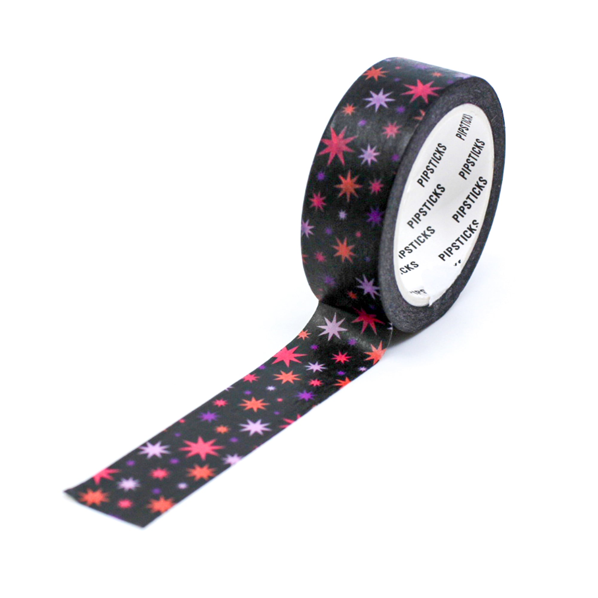 Add a touch of whimsy to your crafts with our playful colorful stars washi tape, featuring a captivating design of vibrant stars against a black backdrop, creating a lively and enchanting pattern. This tape is designed by pipsticks and sold at BBB Supplies Craft Shop.