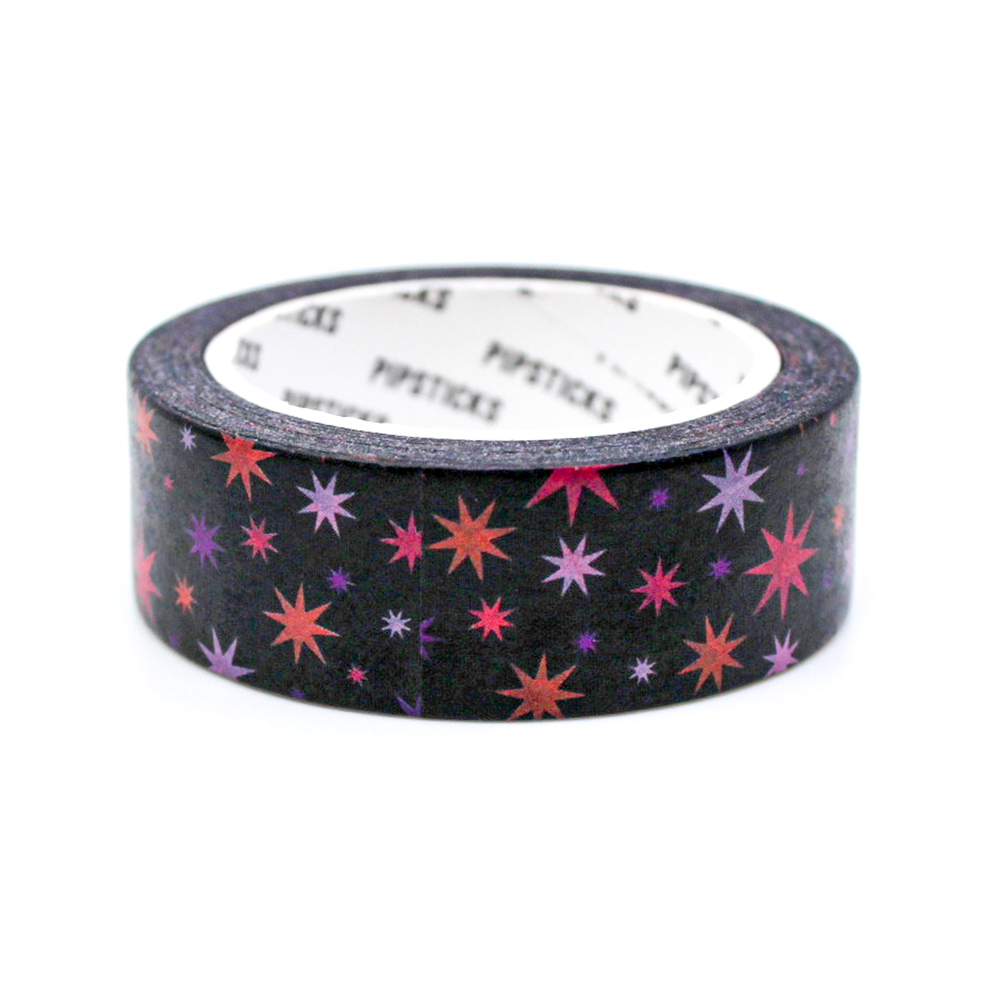 Add a touch of whimsy to your crafts with our playful colorful stars washi tape, featuring a captivating design of vibrant stars against a black backdrop, creating a lively and enchanting pattern. This tape is designed by pipsticks and sold at BBB Supplies Craft Shop.