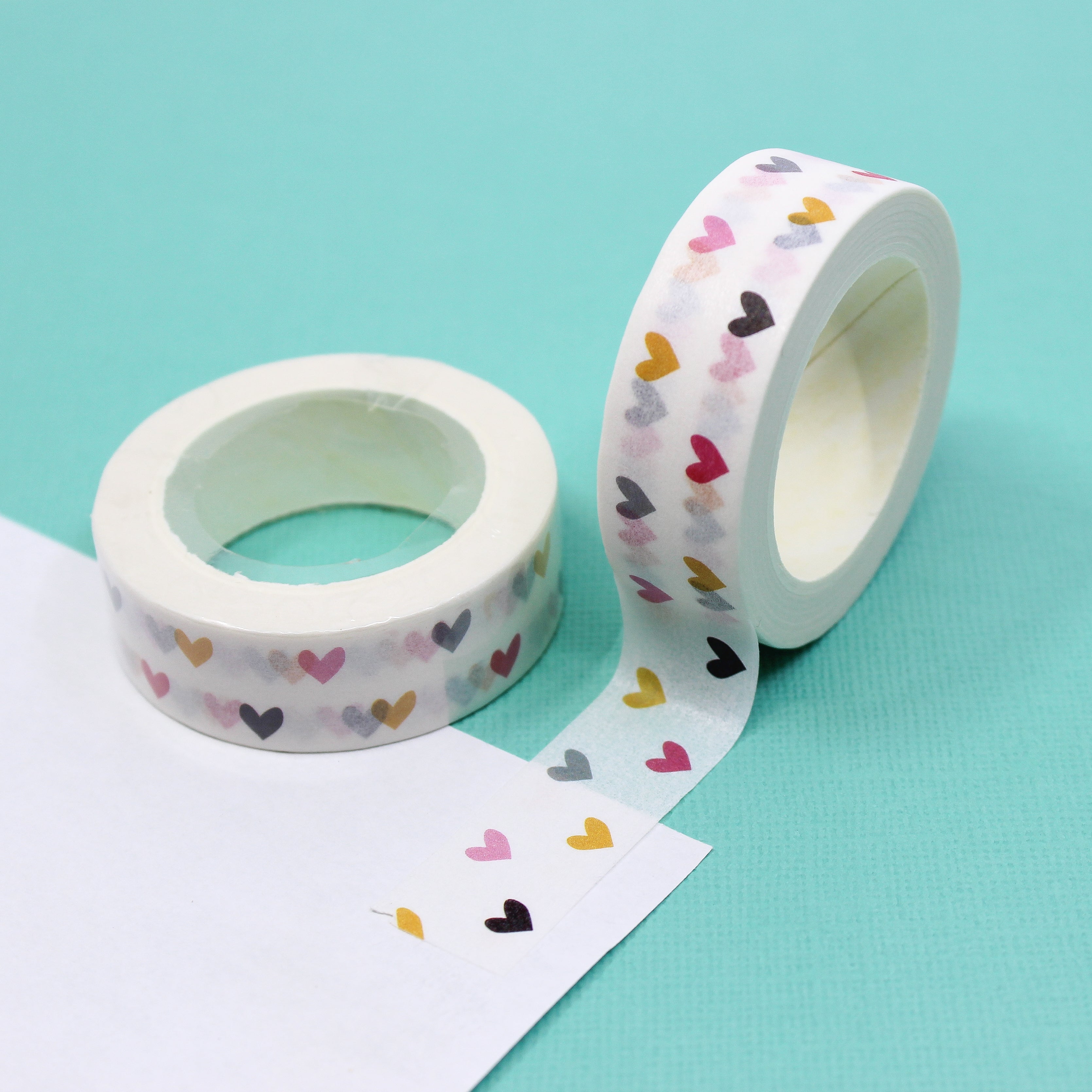 Elevate your projects with our captivating colorful rainbow hearts washi tape, showcasing delightful heart motifs in a spectrum of bright and lively colors, evoking a sense of happiness and positivity. This tape is sold at BBB Supplies Craft Shop.