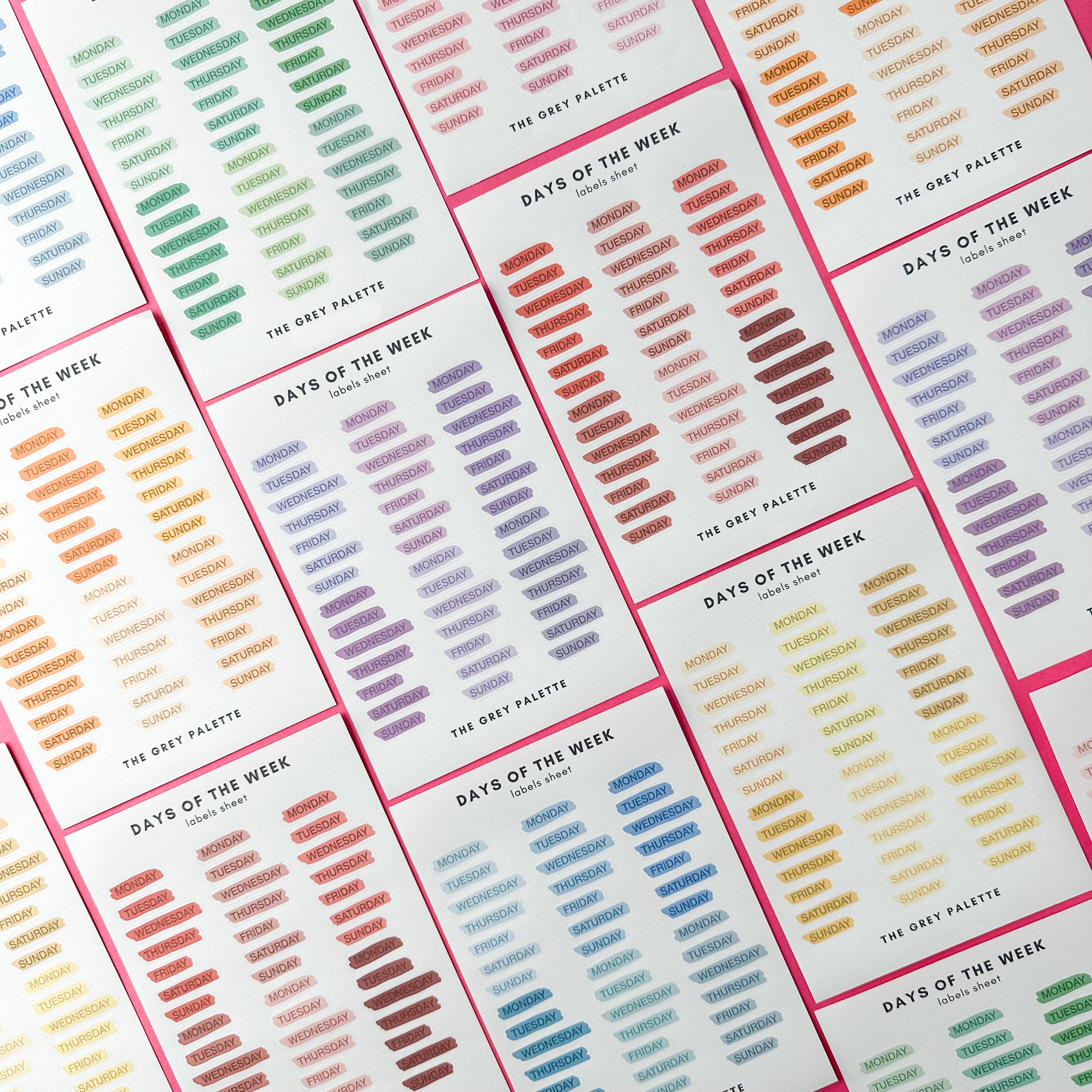 These watercolor style days of the week stickers are perfect for adding a pop of color to your planner, calendar or to do list. These stickers are rom A grey palette and sold at BBB Supplies Craft Shop.