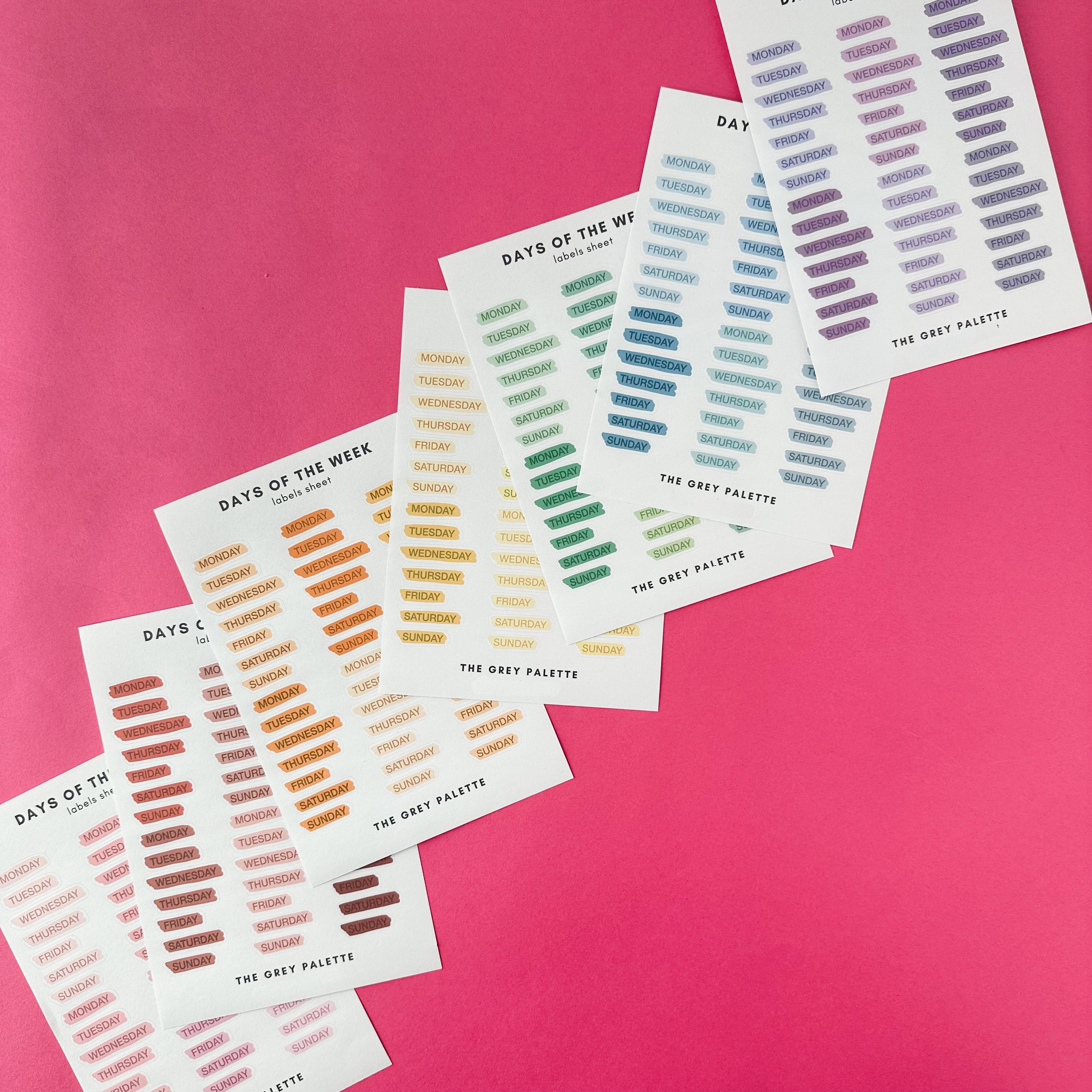 These watercolor style days of the week stickers are perfect for adding a pop of color to your planner, calendar or to do list. These stickers are rom A grey palette and sold at BBB Supplies Craft Shop.