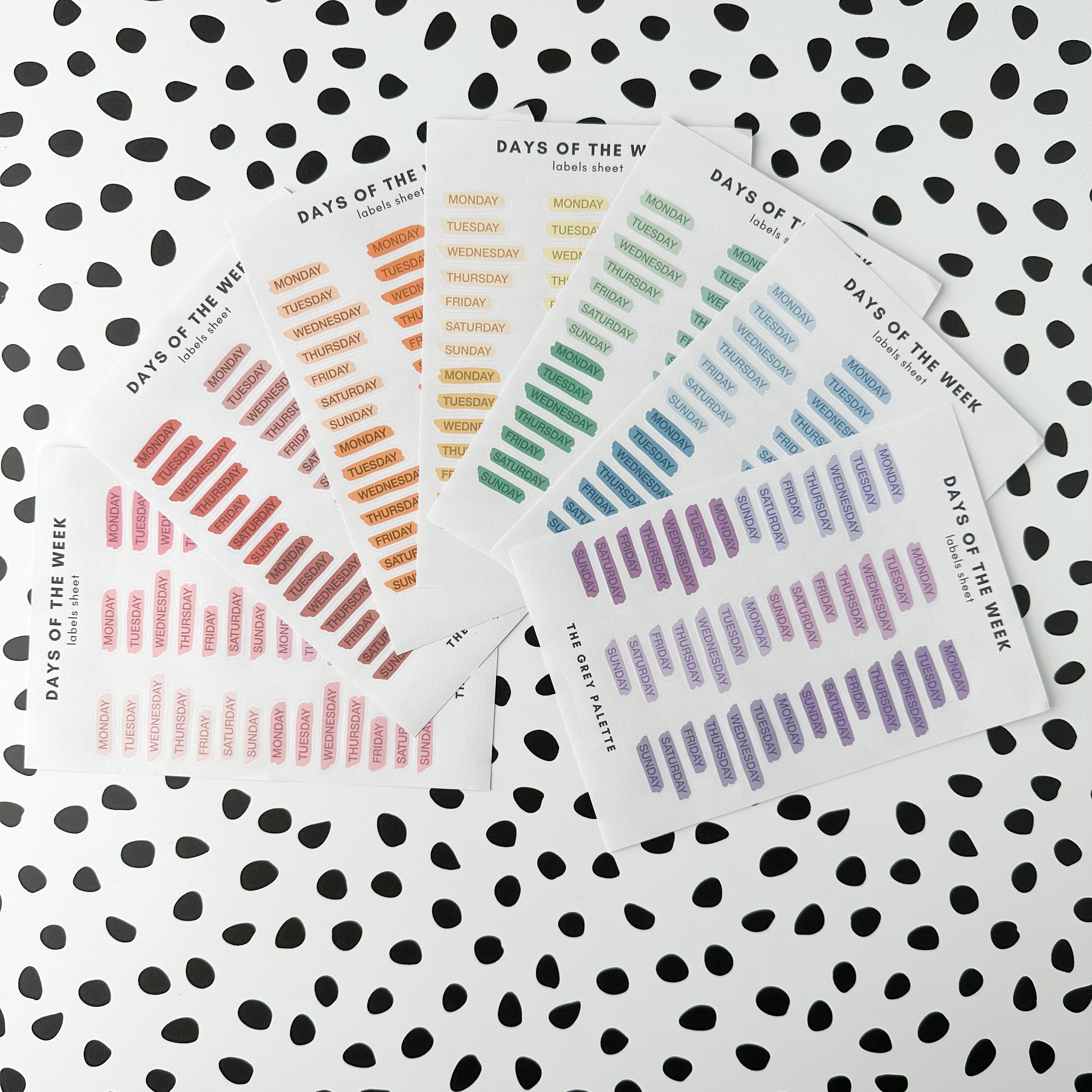These watercolor style days of the week stickers are perfect for adding a pop of color to your planner, calendar or to do list. These stickers are rom A grey palette and sold at BBB Supplies Craft Shop.