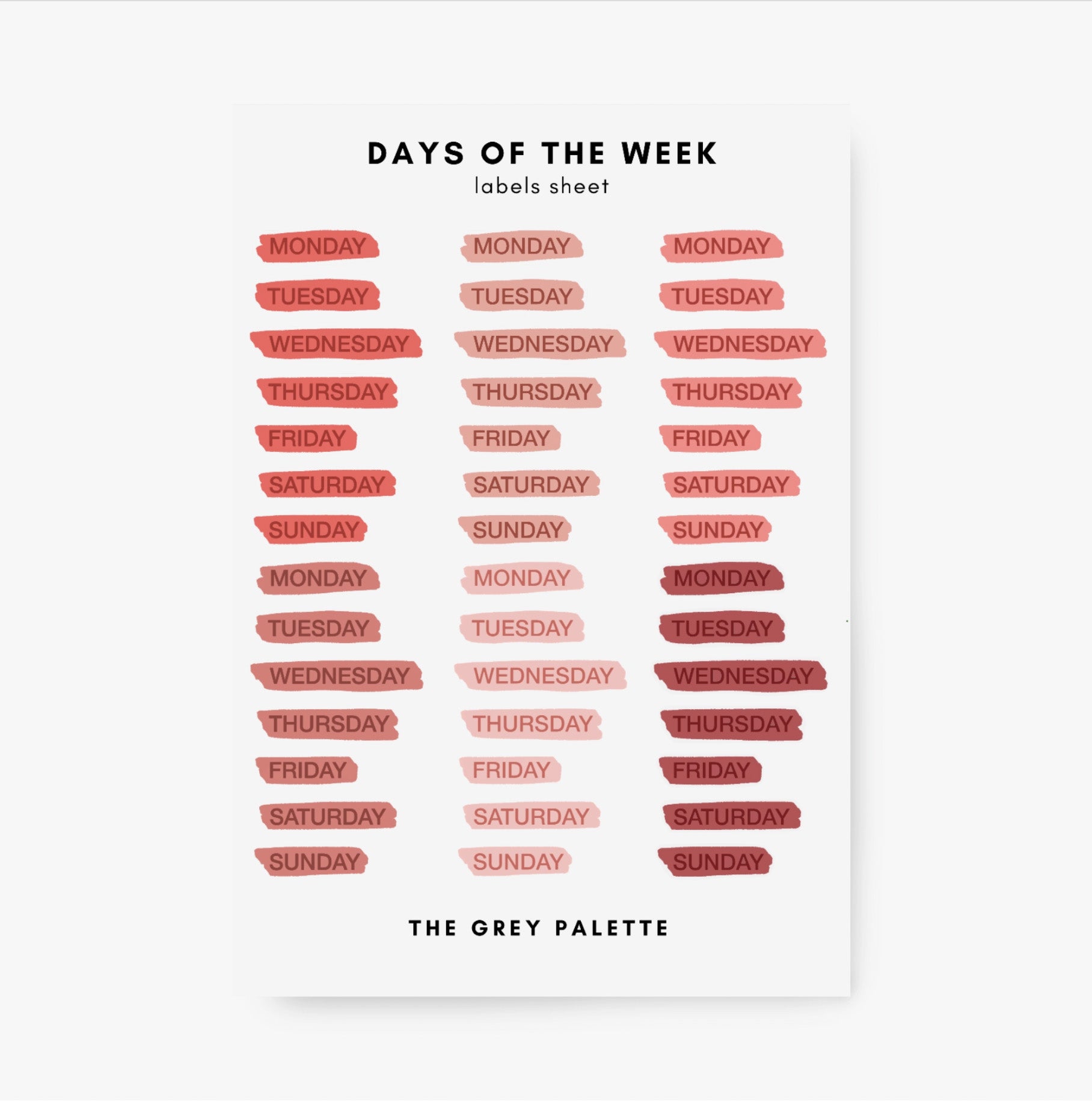 These red watercolor style days of the week stickers are perfect for adding a pop of color to your planner, calendar or to do list. These stickers are rom A grey palette and sold at BBB Supplies Craft Shop.