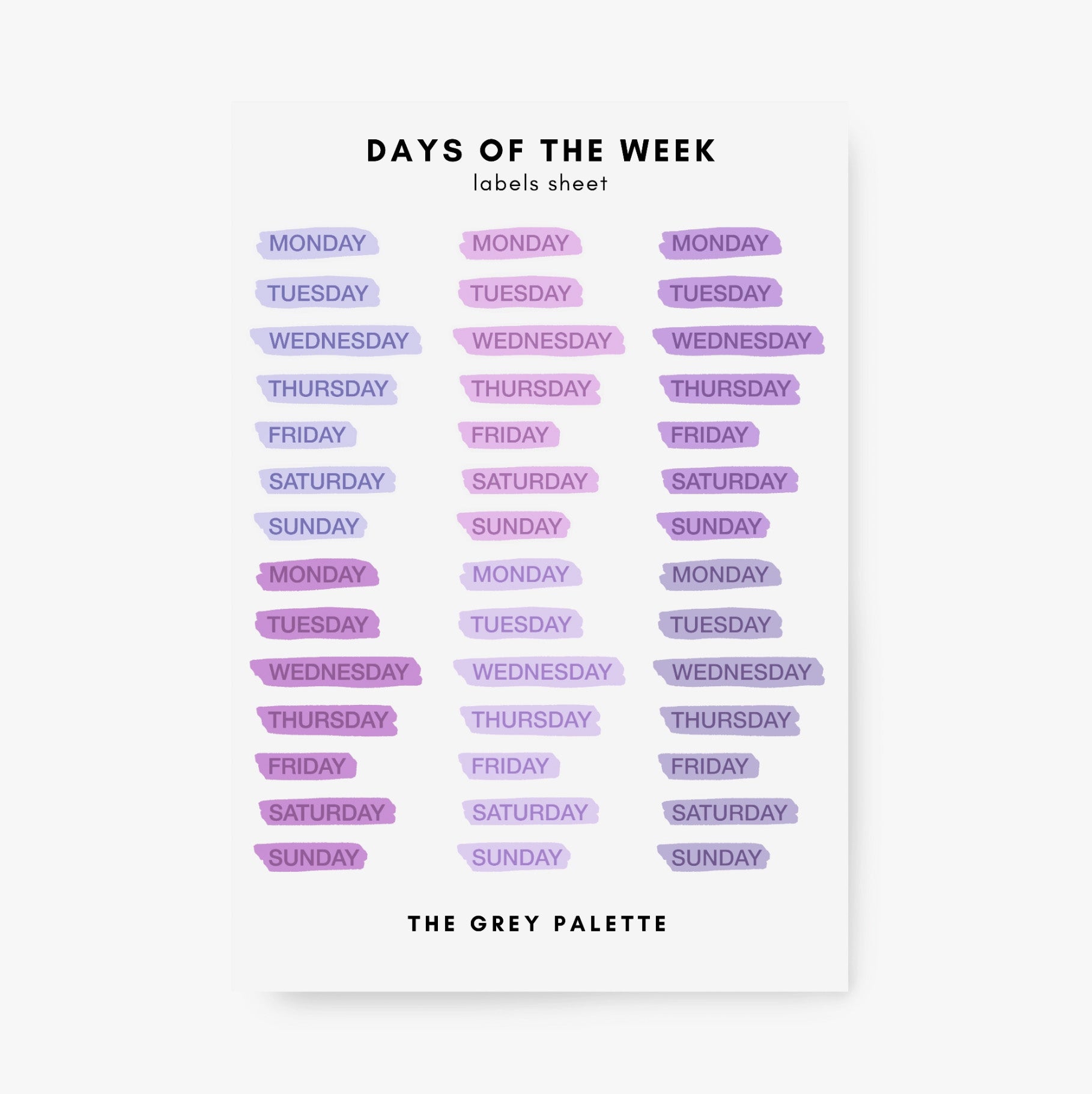 These purple watercolor style days of the week stickers are perfect for adding a pop of color to your planner, calendar or to do list. These stickers are rom A grey palette and sold at BBB Supplies Craft Shop.