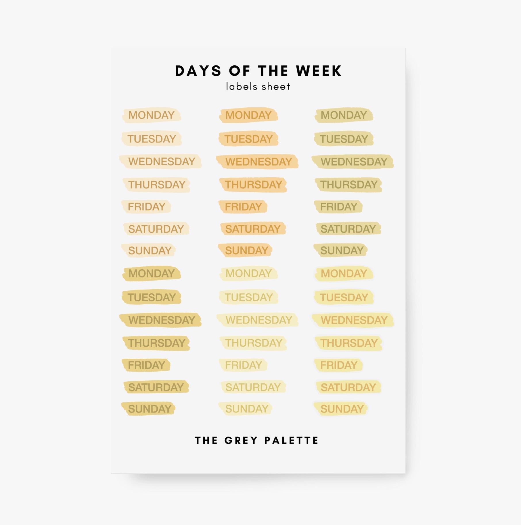 These yellow watercolor style days of the week stickers are perfect for adding a pop of color to your planner, calendar or to do list. These stickers are rom A grey palette and sold at BBB Supplies Craft Shop.