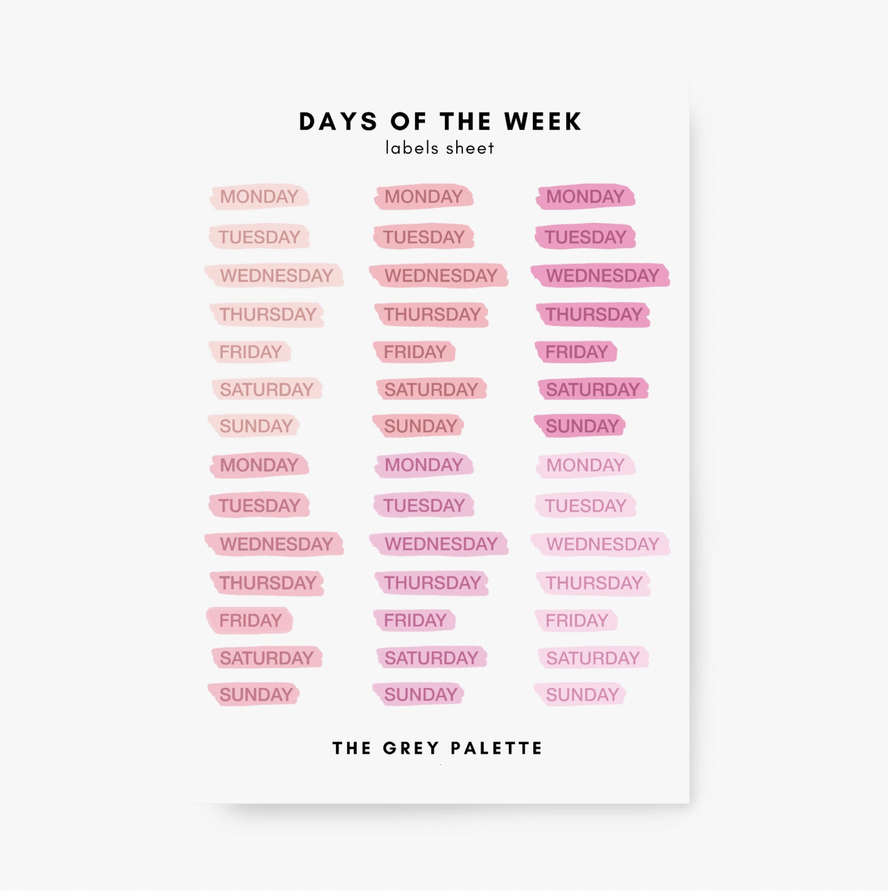 These pink watercolor style days of the week stickers are perfect for adding a pop of color to your planner, calendar or to do list. These stickers are rom A grey palette and sold at BBB Supplies Craft Shop.