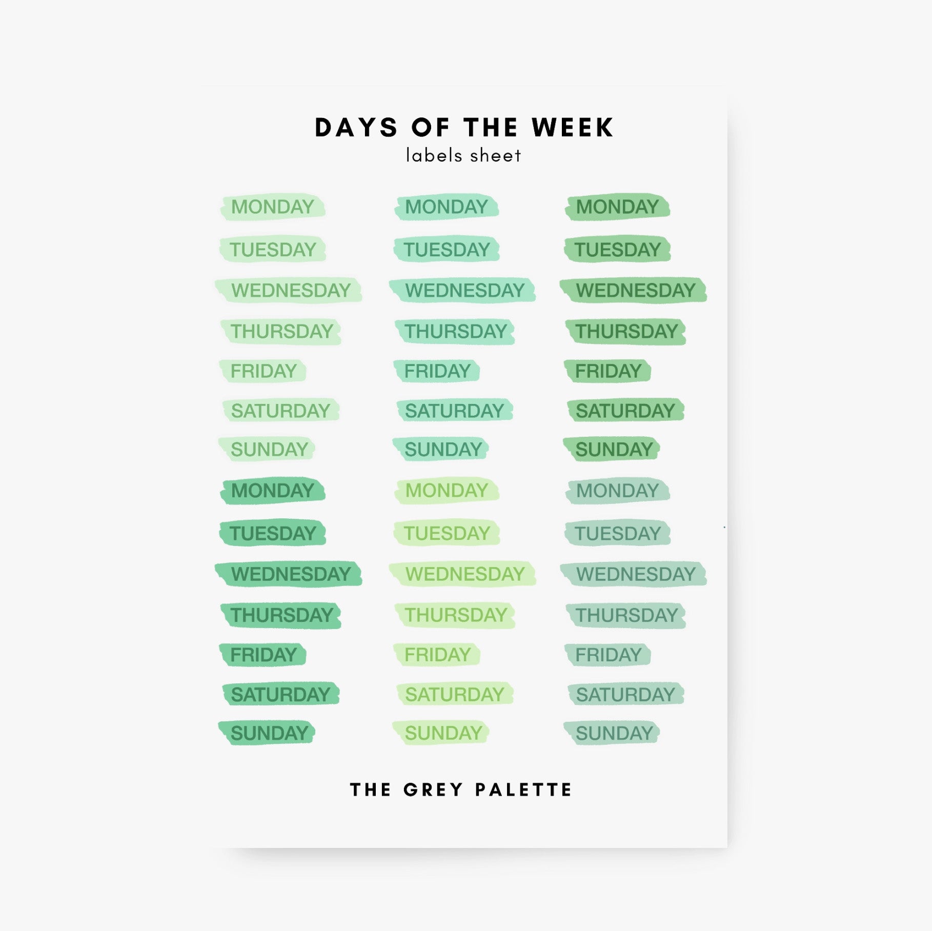 These green watercolor style days of the week stickers are perfect for adding a pop of color to your planner, calendar or to do list. These stickers are rom A grey palette and sold at BBB Supplies Craft Shop.