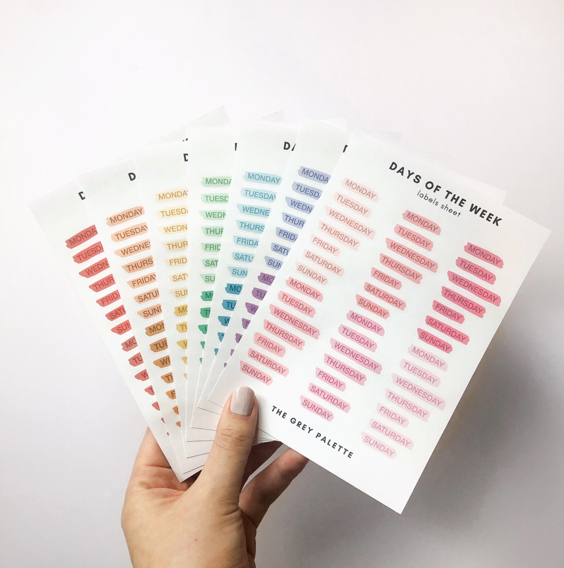 These watercolor style days of the week stickers are perfect for adding a pop of color to your planner, calendar or to do list. These stickers are rom A grey palette and sold at BBB Supplies Craft Shop.