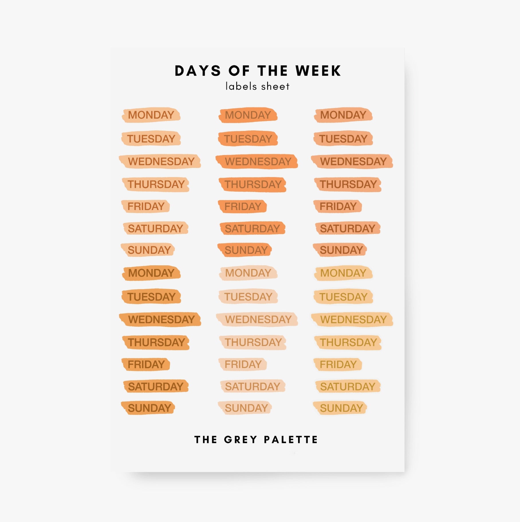 These orange watercolor style days of the week stickers are perfect for adding a pop of color to your planner, calendar or to do list. These stickers are rom A grey palette and sold at BBB Supplies Craft Shop.