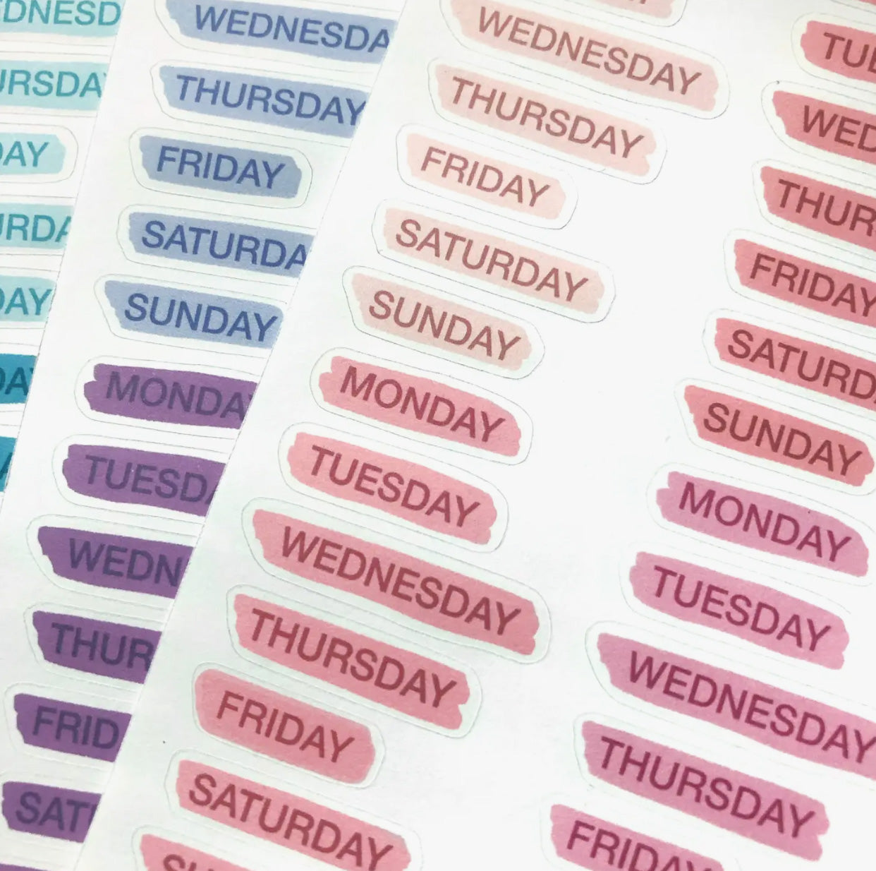 These watercolor style days of the week stickers are perfect for adding a pop of color to your planner, calendar or to do list. These stickers are rom A grey palette and sold at BBB Supplies Craft Shop.