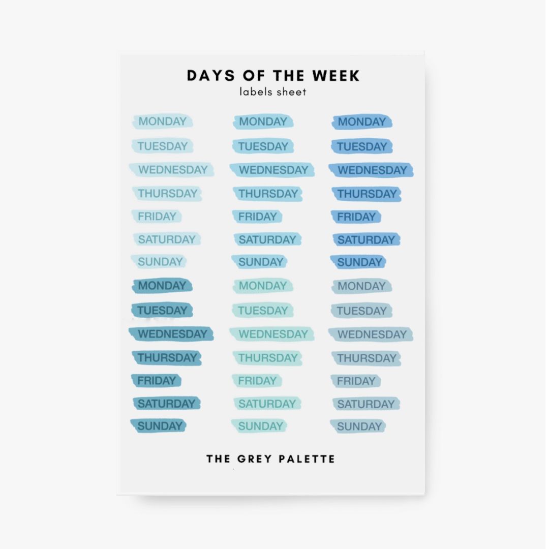 These blue watercolor style days of the week stickers are perfect for adding a pop of color to your planner, calendar or to do list. These stickers are rom A grey palette and sold at BBB Supplies Craft Shop.
