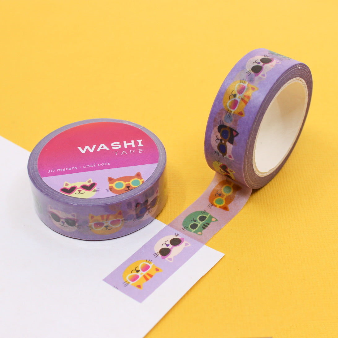 Cool Cats in Shades Washi Tape featuring playful cats wearing colorful sunglasses, adding a fun and quirky vibe to any craft or stationery project.