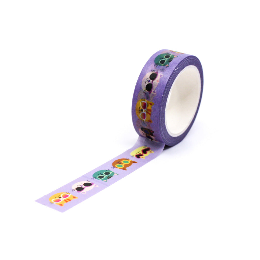 Cool Cats in Shades Washi Tape featuring playful cats wearing colorful sunglasses, adding a fun and quirky vibe to any craft or stationery project.
