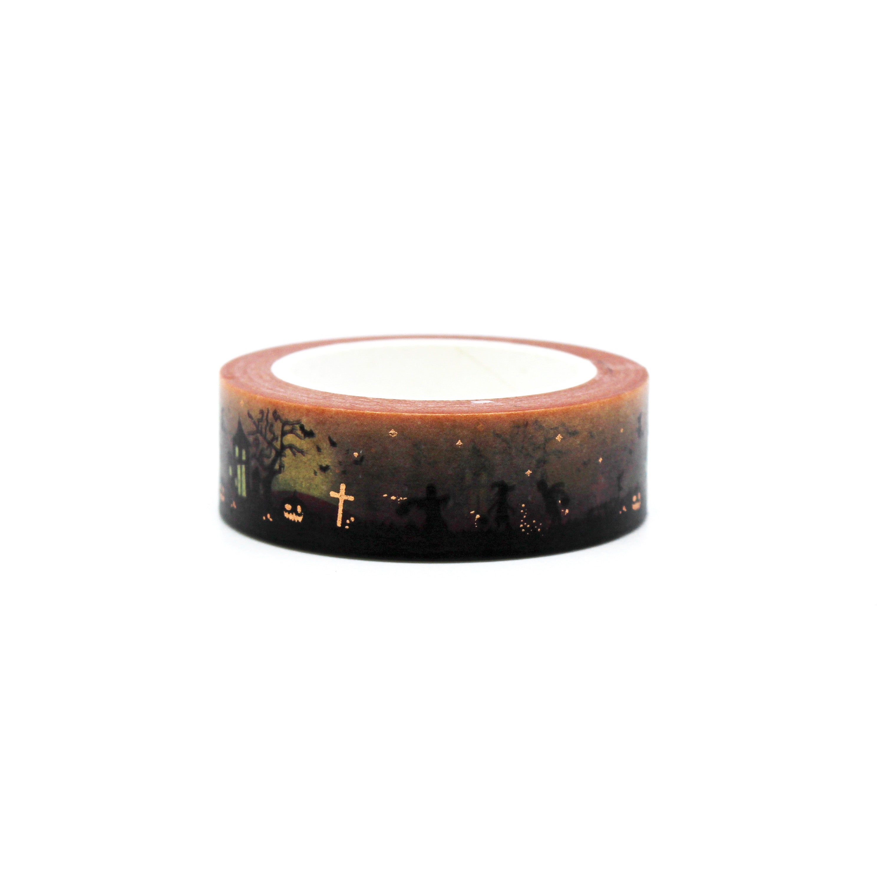 Embrace the spookiness of Halloween with our graveyard cemetery washi tape, featuring eerie tombstones and haunted elements, perfect for adding a touch of Halloween magic to your crafts. This tape is sold at BBB Supplies Craft Shop.
