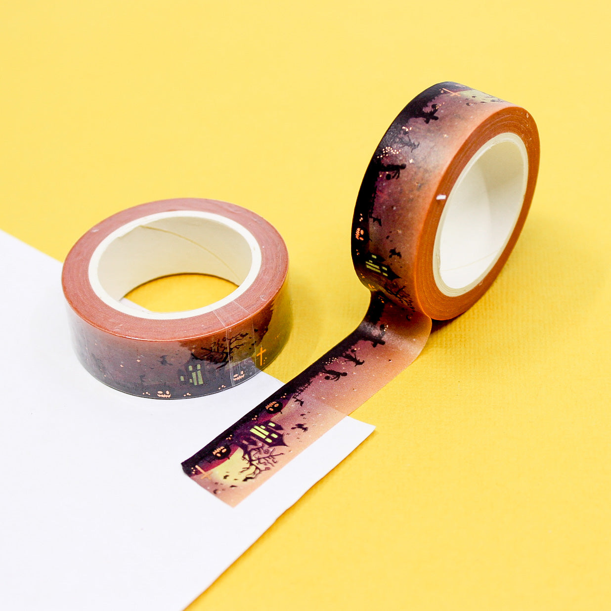 Embrace the spookiness of Halloween with our graveyard cemetery washi tape, featuring eerie tombstones and haunted elements, perfect for adding a touch of Halloween magic to your crafts. This tape is sold at BBB Supplies Craft Shop.