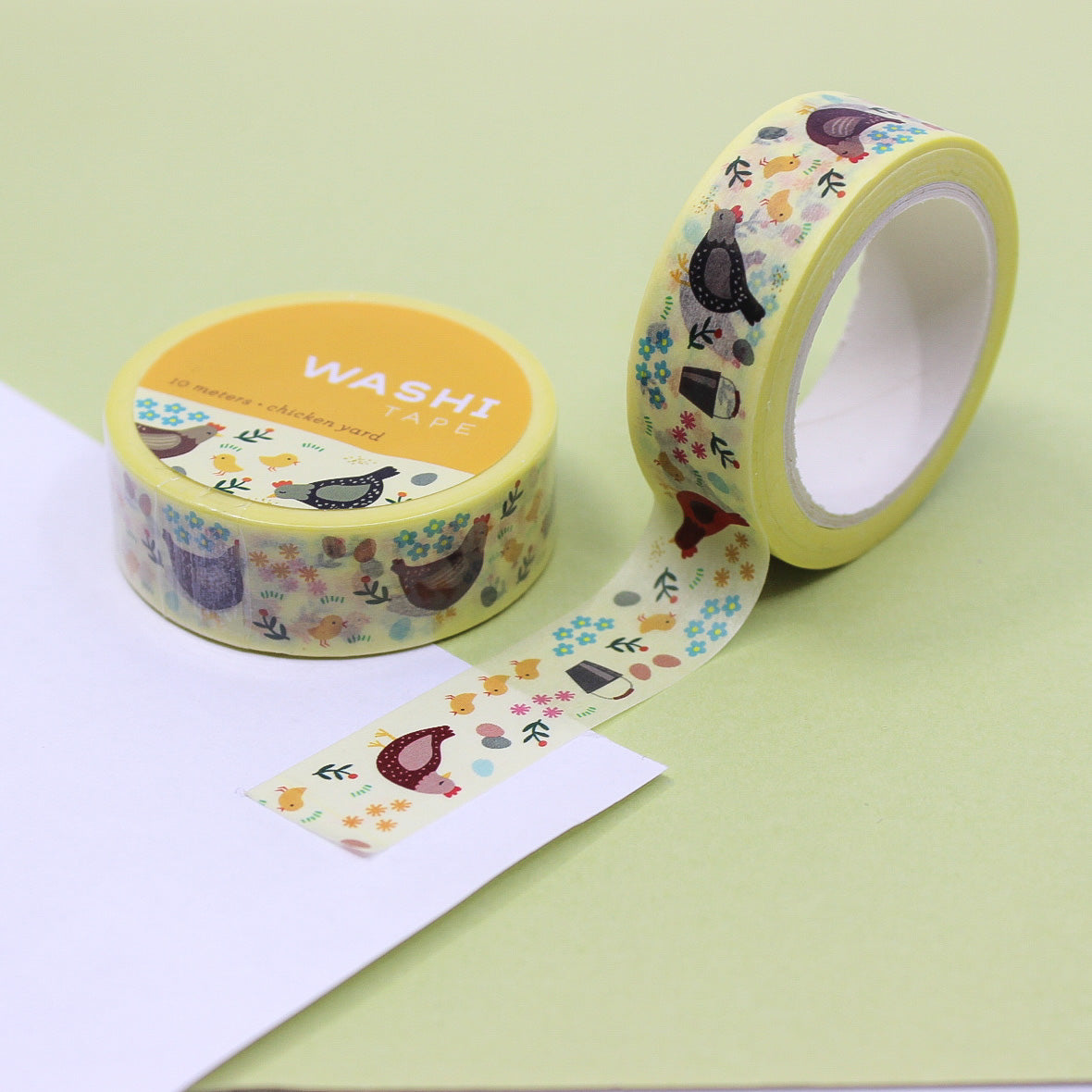 Charming illustrations of chickens for a rustic touch in crafts. Ideal for scrapbooking and journaling. High-quality and easy to use. This tape is from Girl of All Work and sold at BBB Supplies Craft Shop.