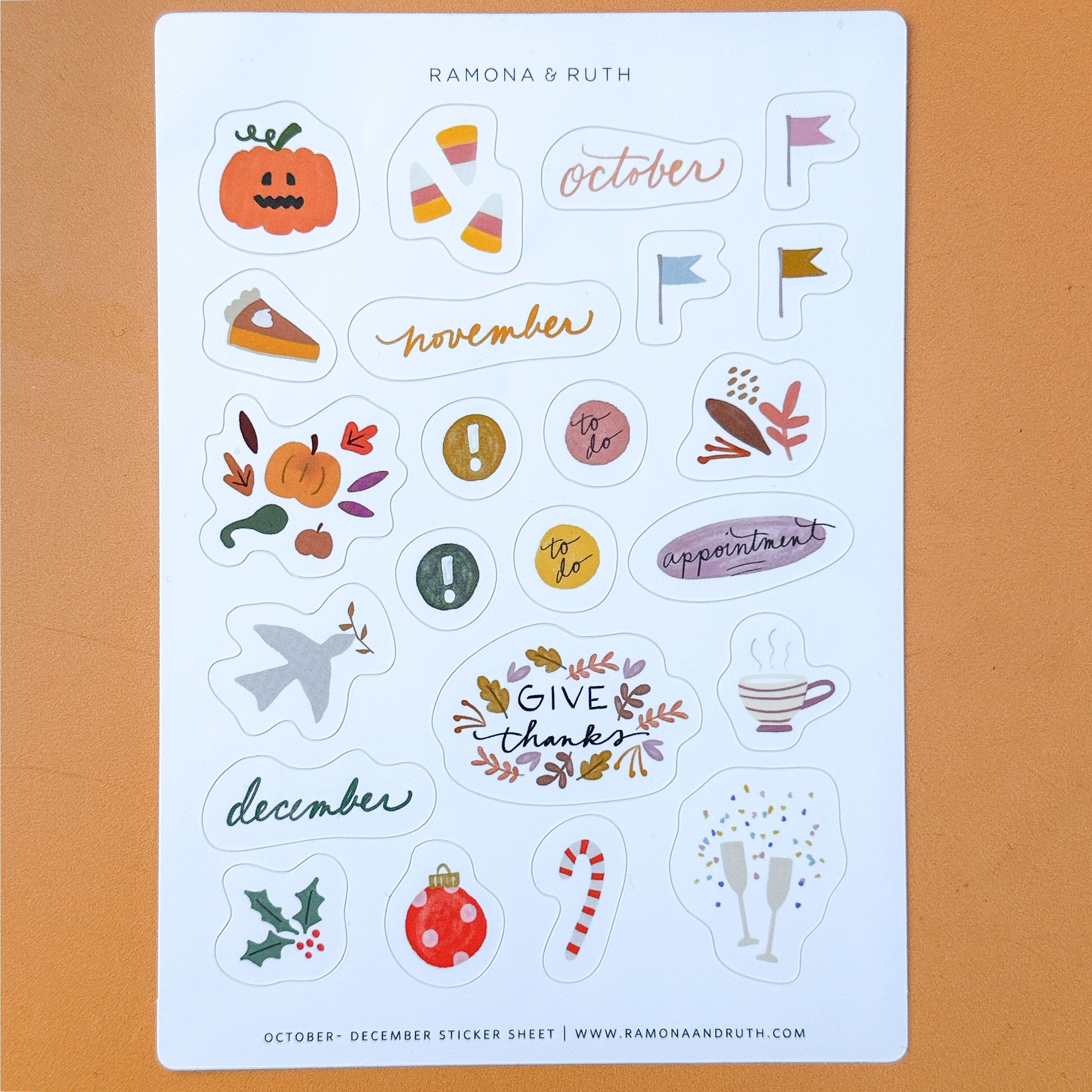 October–December Sticker Sheet with fall and holiday illustrations